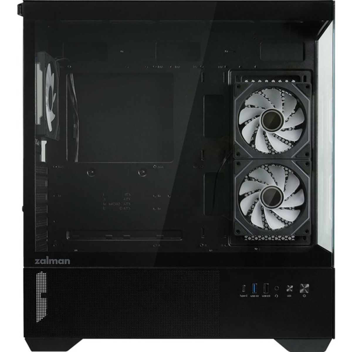 Case PC nero con due ventole e finestra in vetro. Logo Zalman in basso a sinistra.