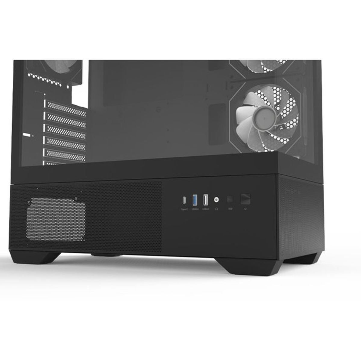 Case PC nero con finestre in vetro e ventole. La parte anteriore ha porte.