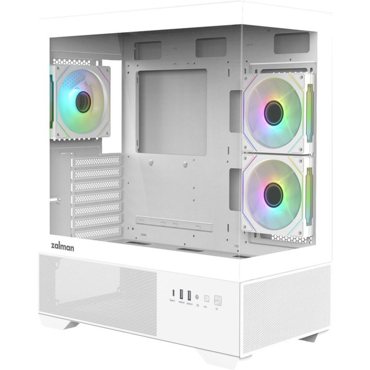 Un case PC bianco con ventole RGB e griglie di ventilazione.
