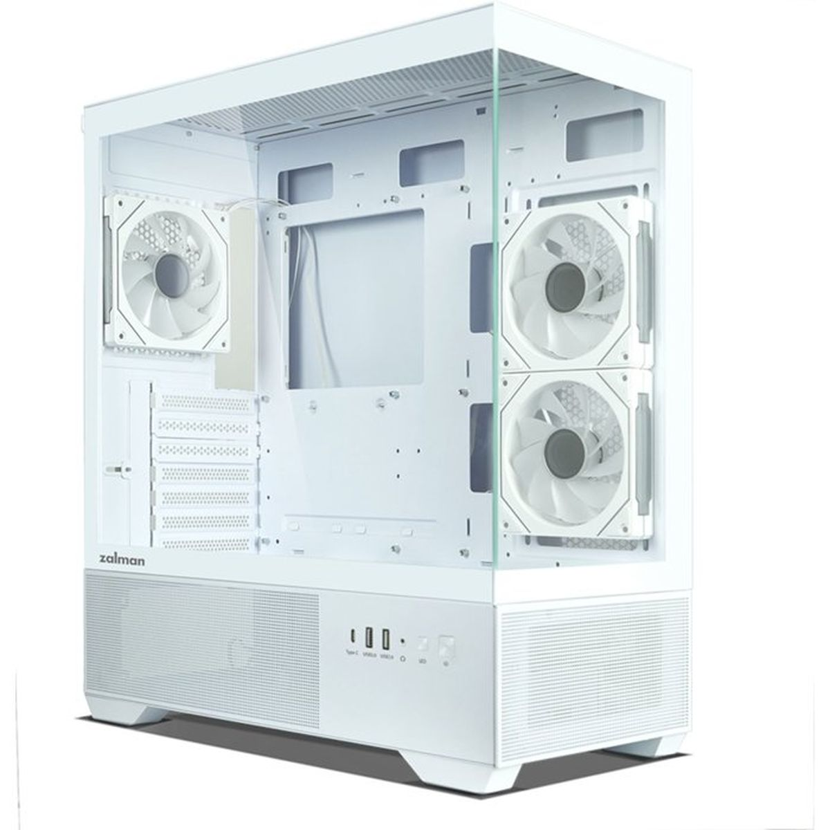 Un case PC bianco con tre ventole e lato in vetro.
