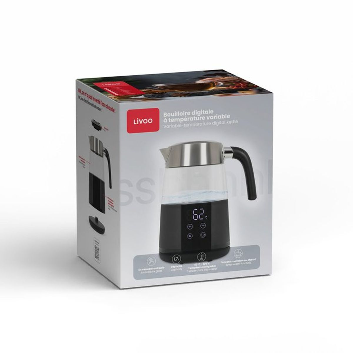Verpackung eines Livoo Wasserkochers mit Glasbehälter und digitaler Temperaturanzeige.