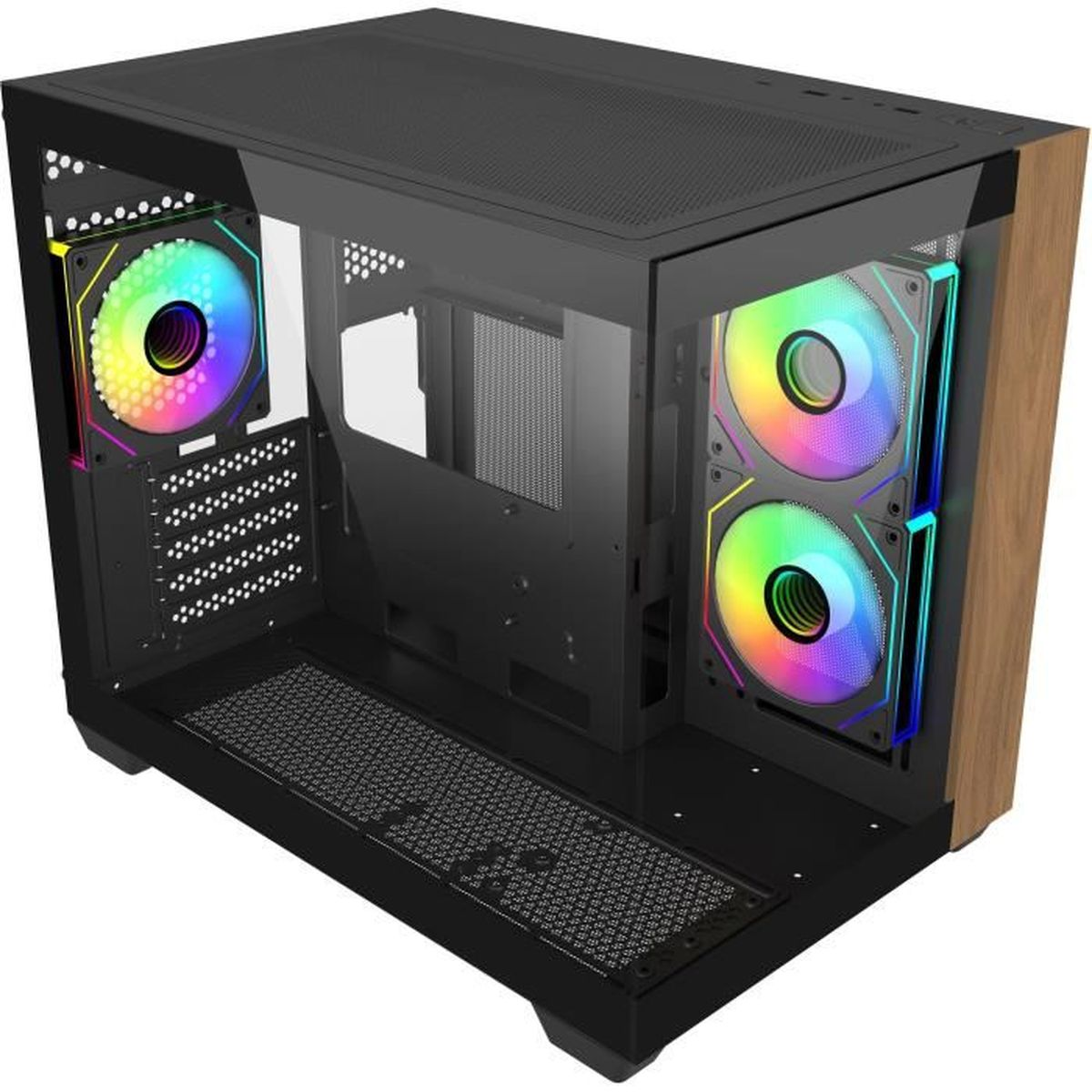 Un case per computer nero con pannelli in legno e ventole RGB.