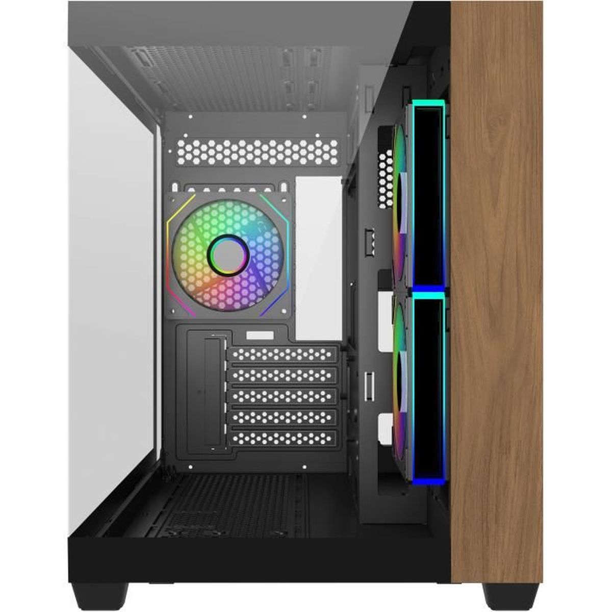 Interno case PC con ventole RGB e pannello in legno. Base nera.