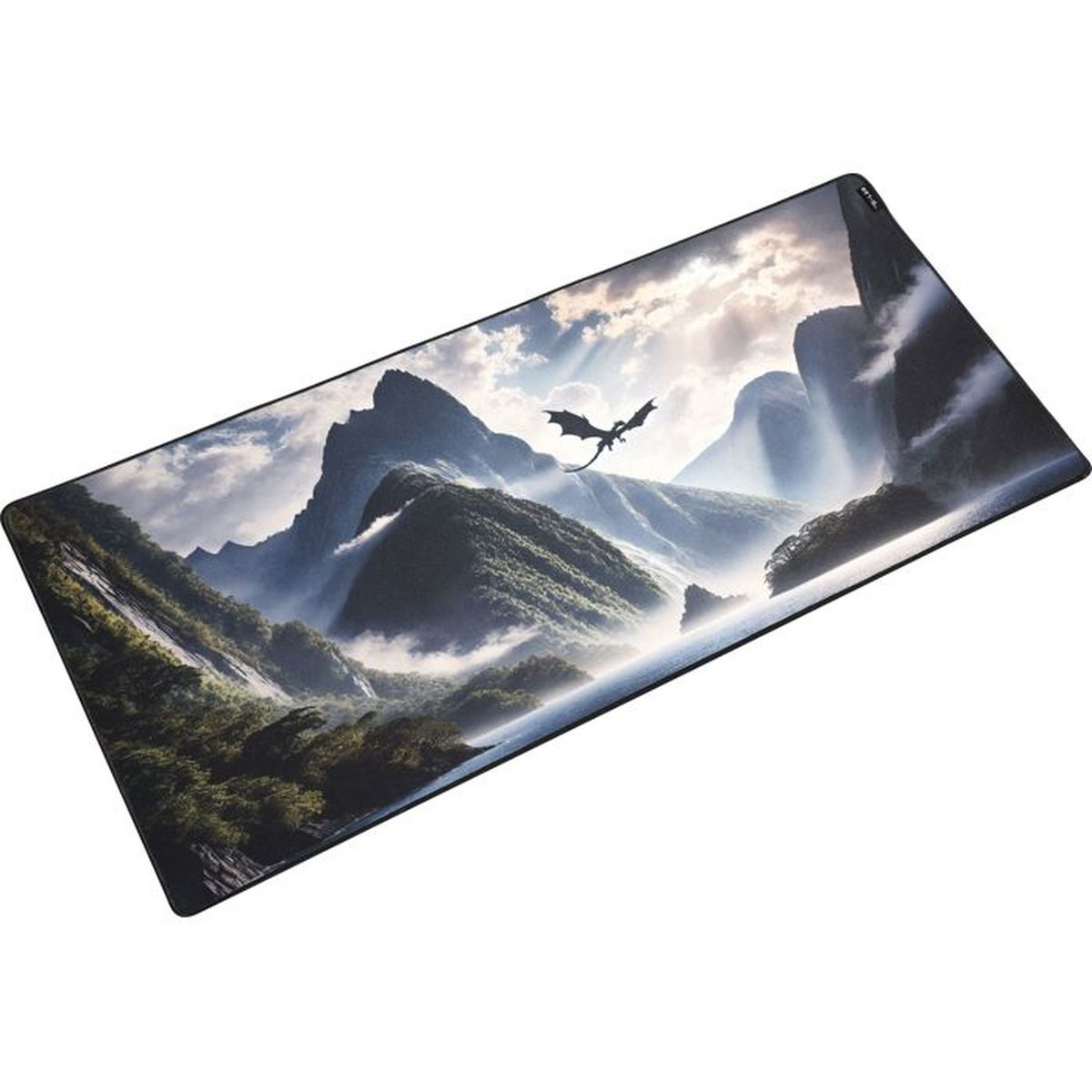 Ein Drache fliegt über neblige Berge und Wasserfälle in dieser epischen Landschaft.