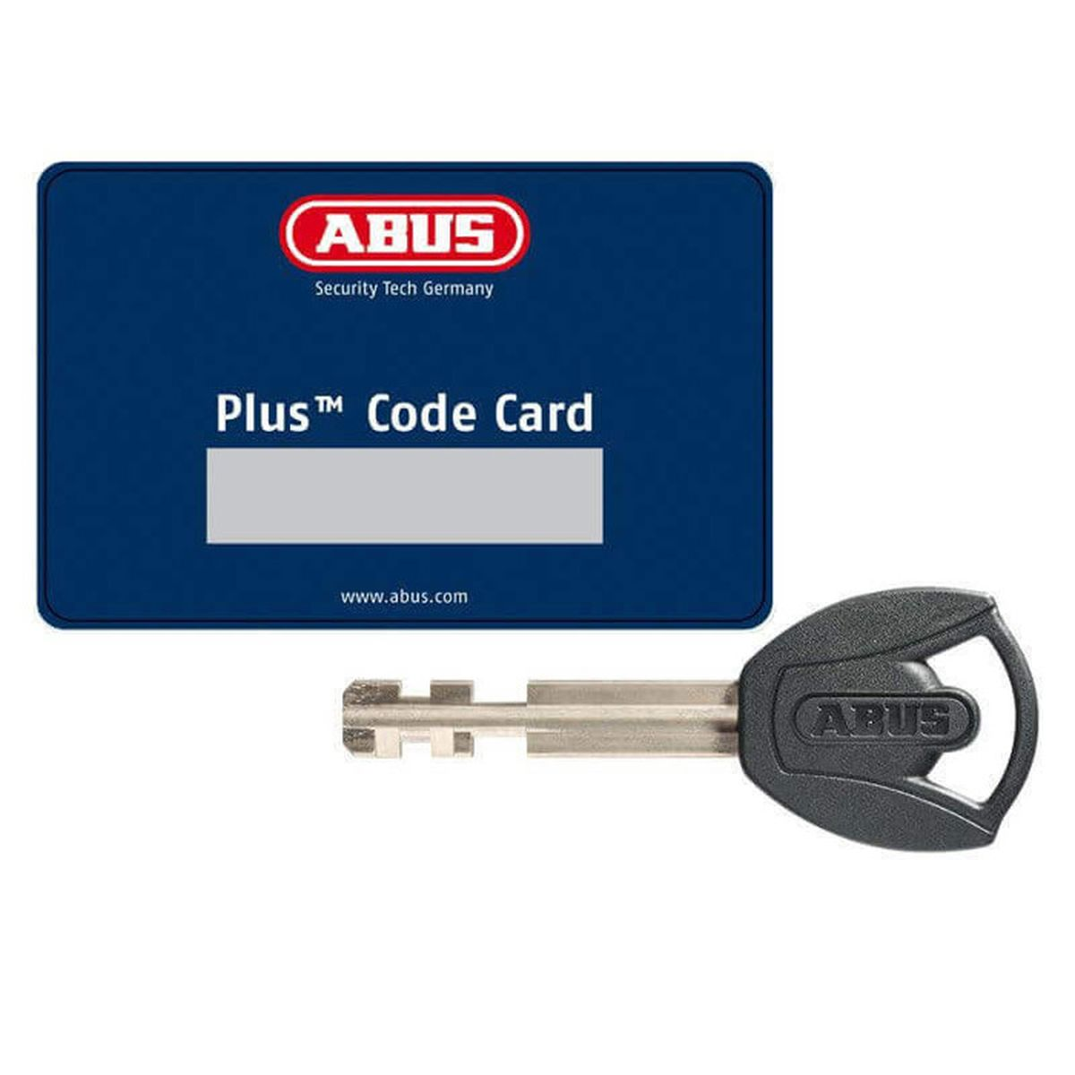 Abus Plus Code Card mit silbernem Feld und silbernem Schlüssel.