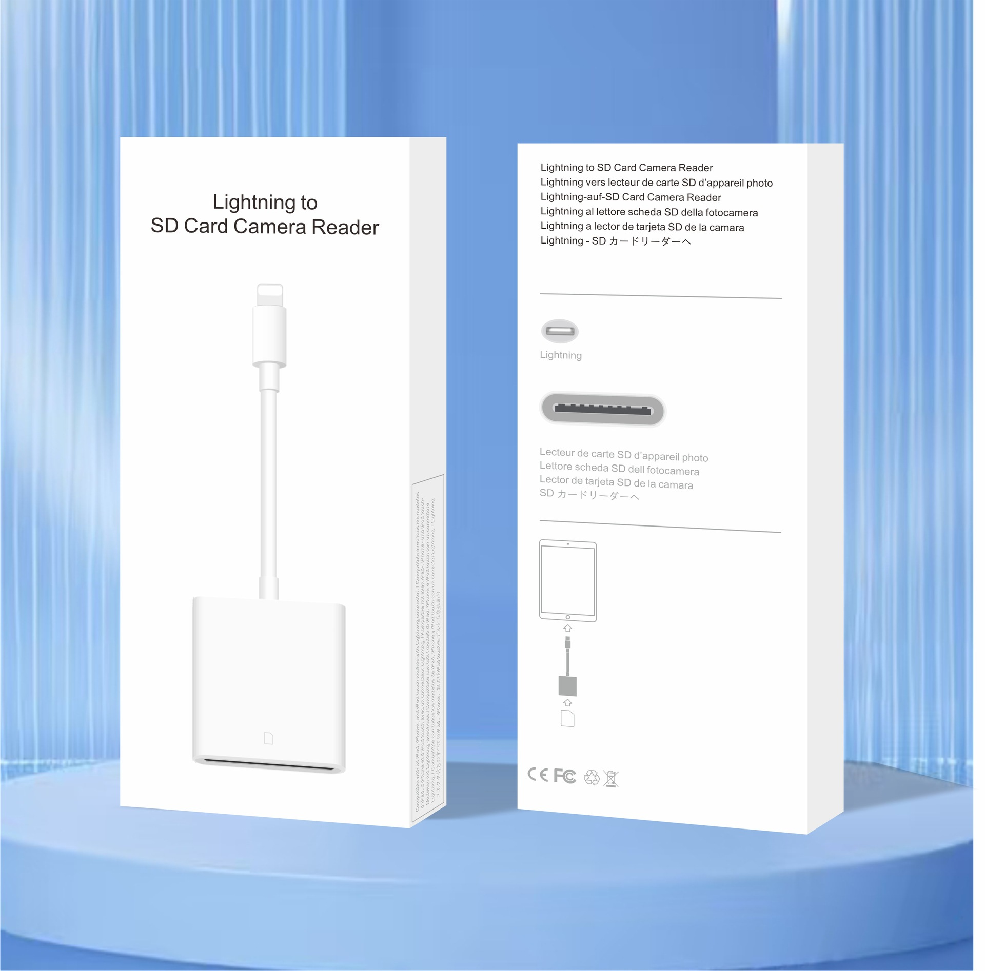 Ein weißer Lightning-zu-SD-Kartenleser mit Kabel und Anschluss.
