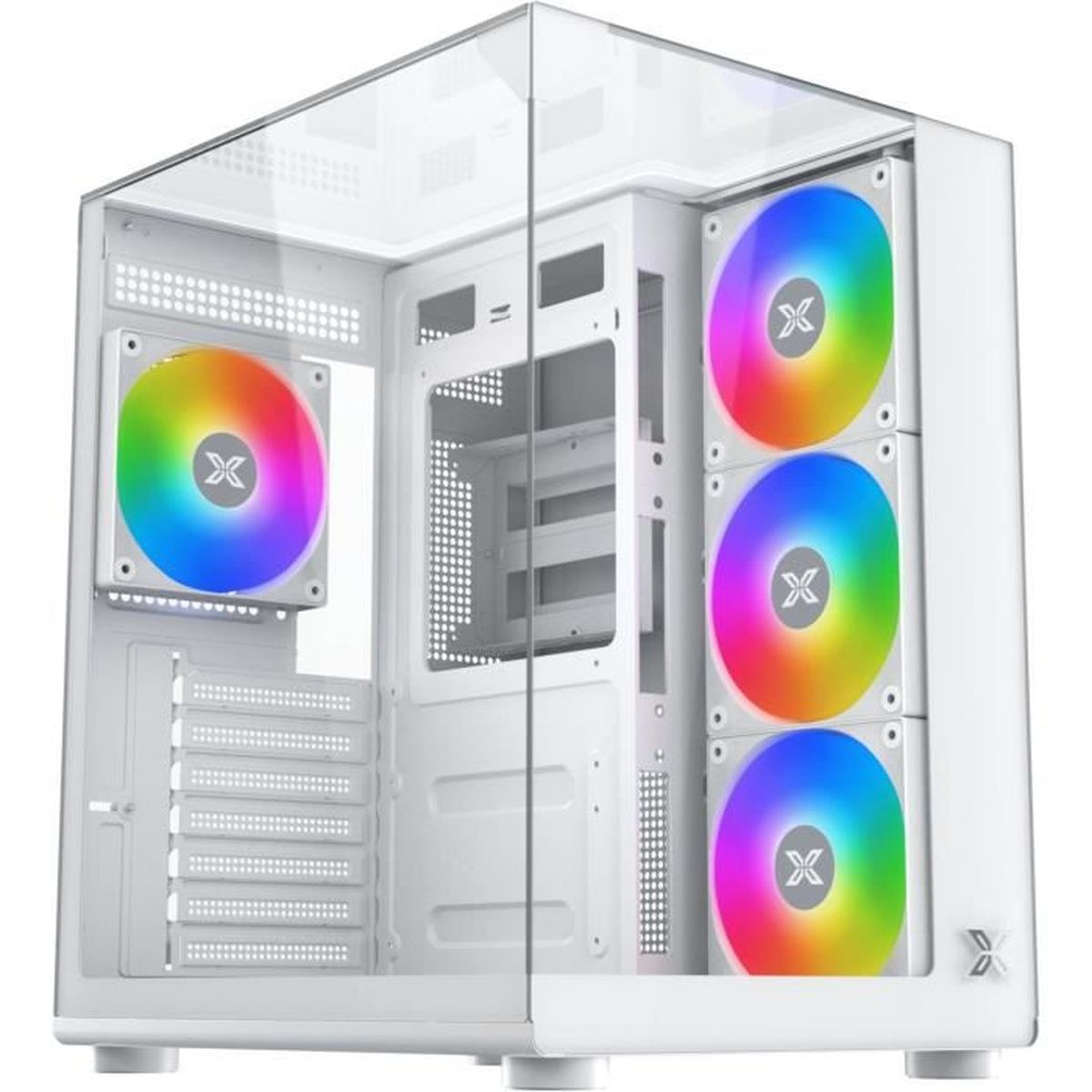 Case PC bianco con ventole RGB colorate e finestre in vetro.
