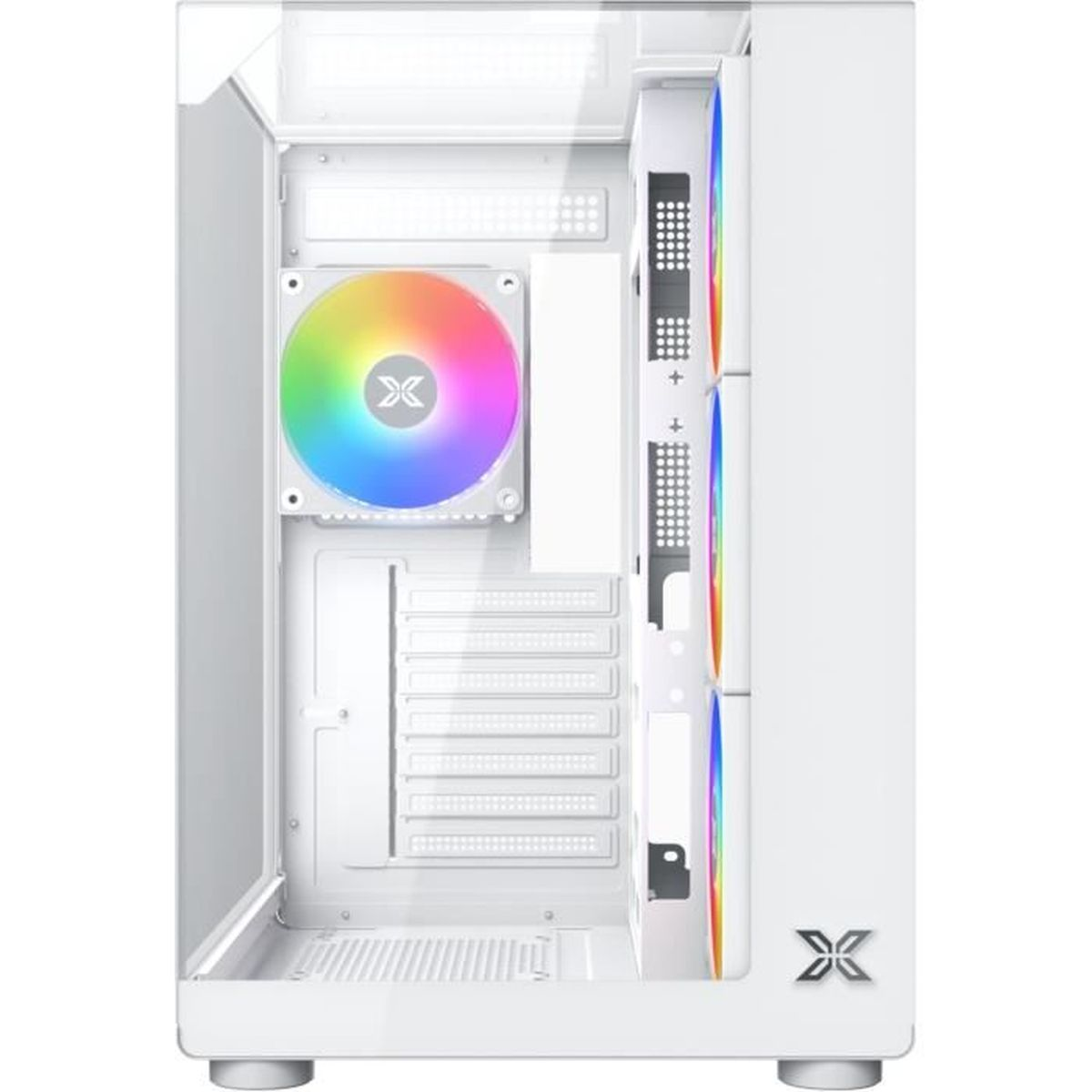 Case PC bianco con ventole RGB e pannello frontale in vetro.