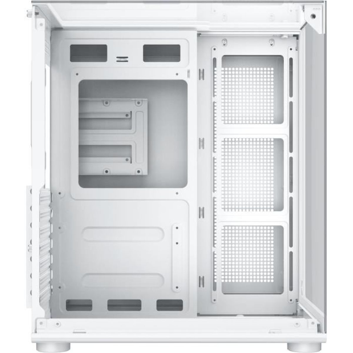 Vista interna di un case PC bianco con fessure di ventilazione e punti di montaggio.