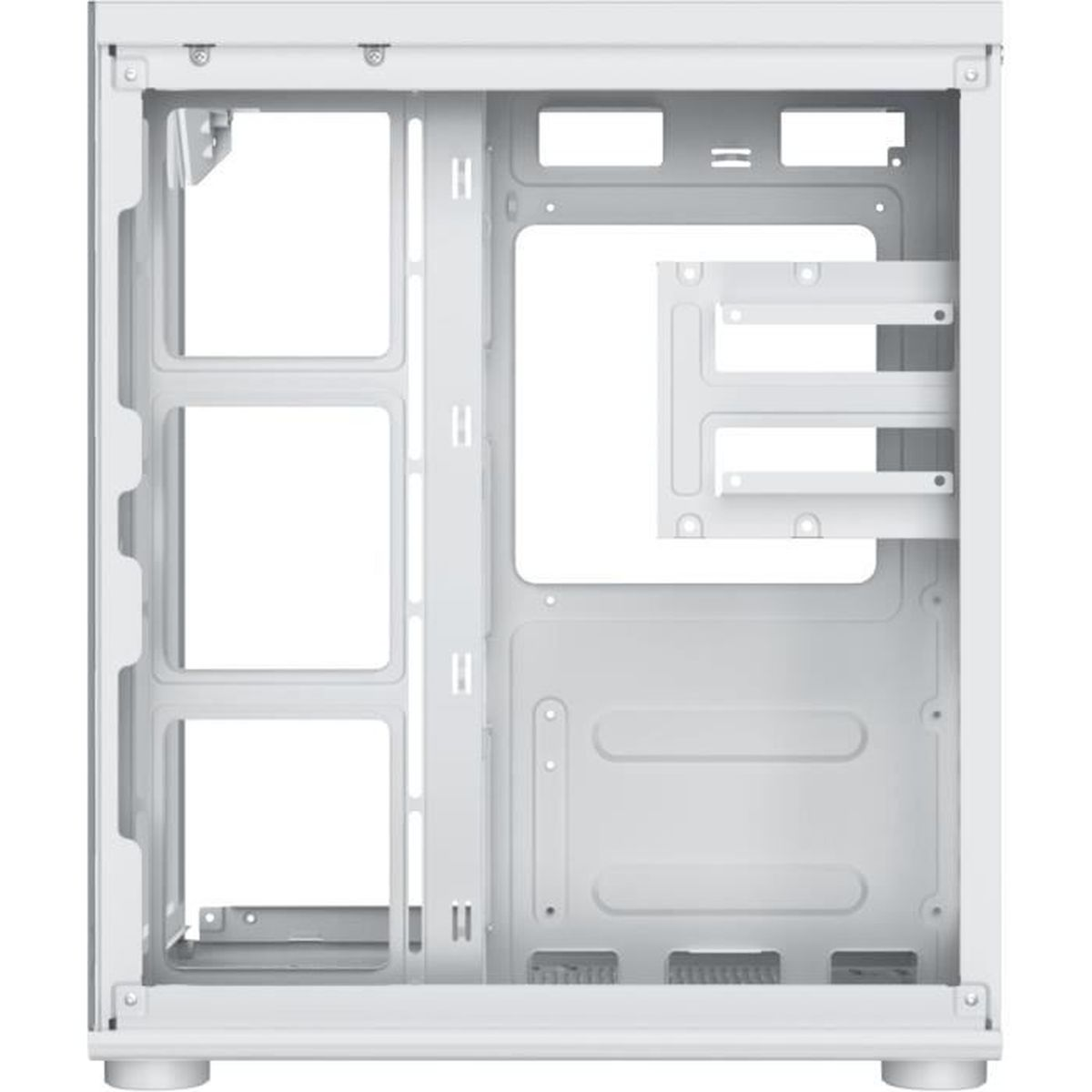 Uno chassis di un case per computer in metallo bianco con supporti per ventole.