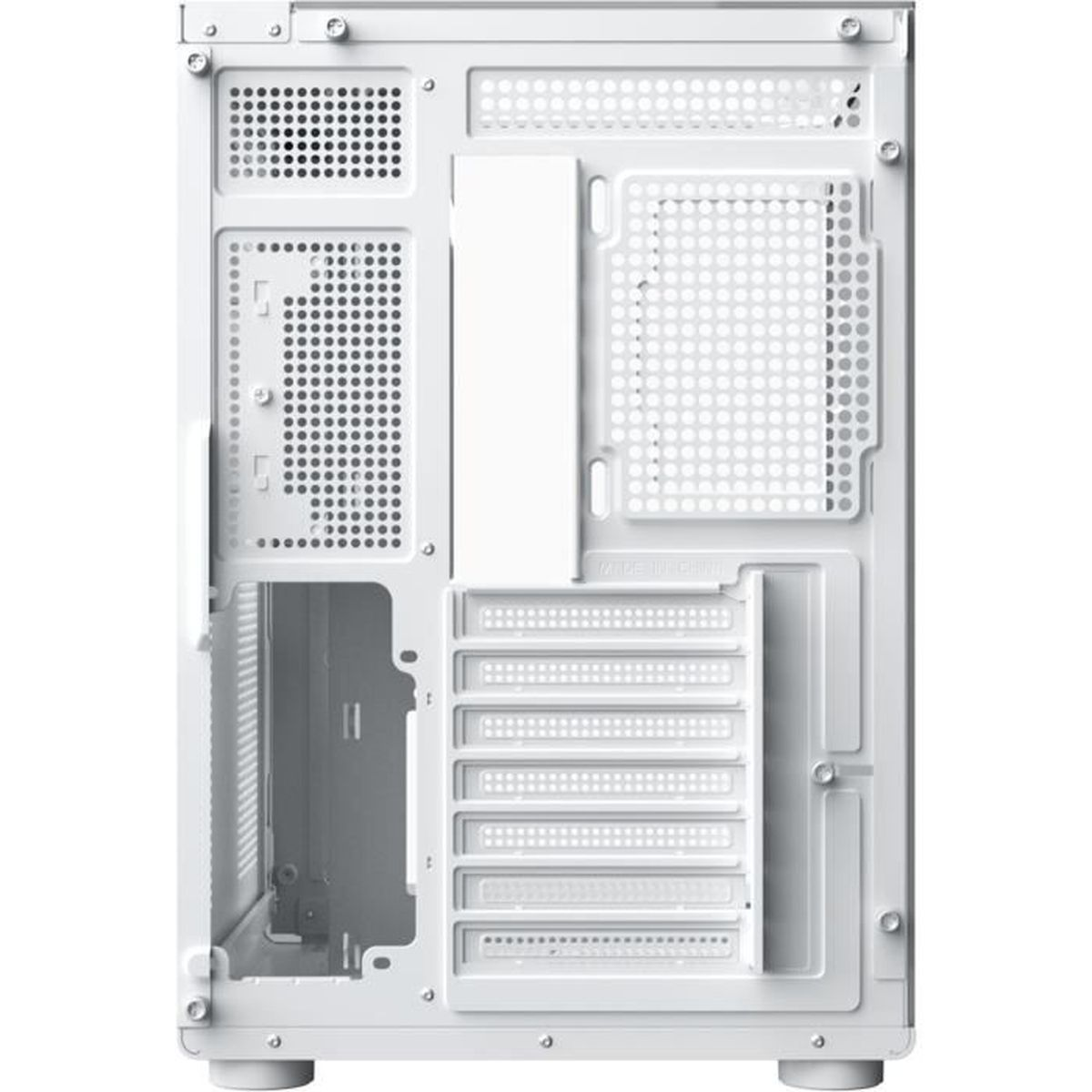 Vista posteriore di un case PC bianco con fessure di ventilazione ed espansione.