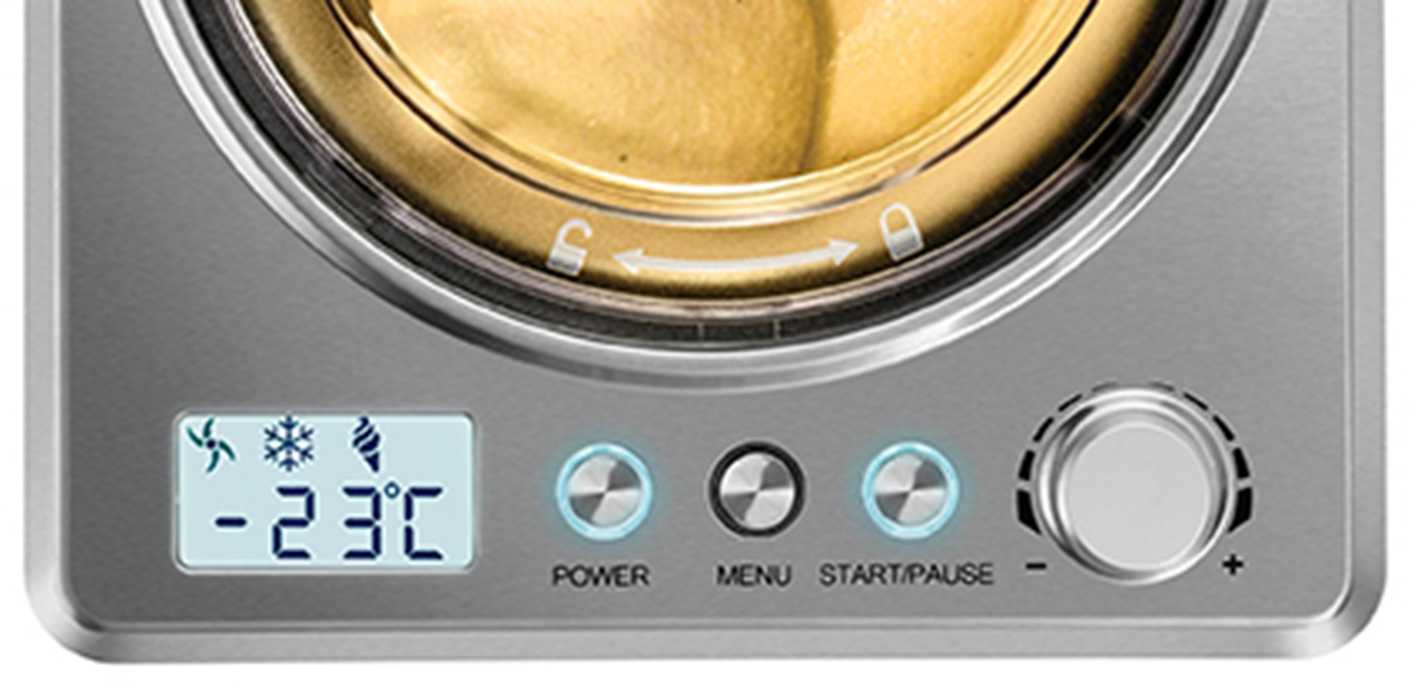 Zamrażarka z wyświetlaczem LCD pokazującym -23°C.