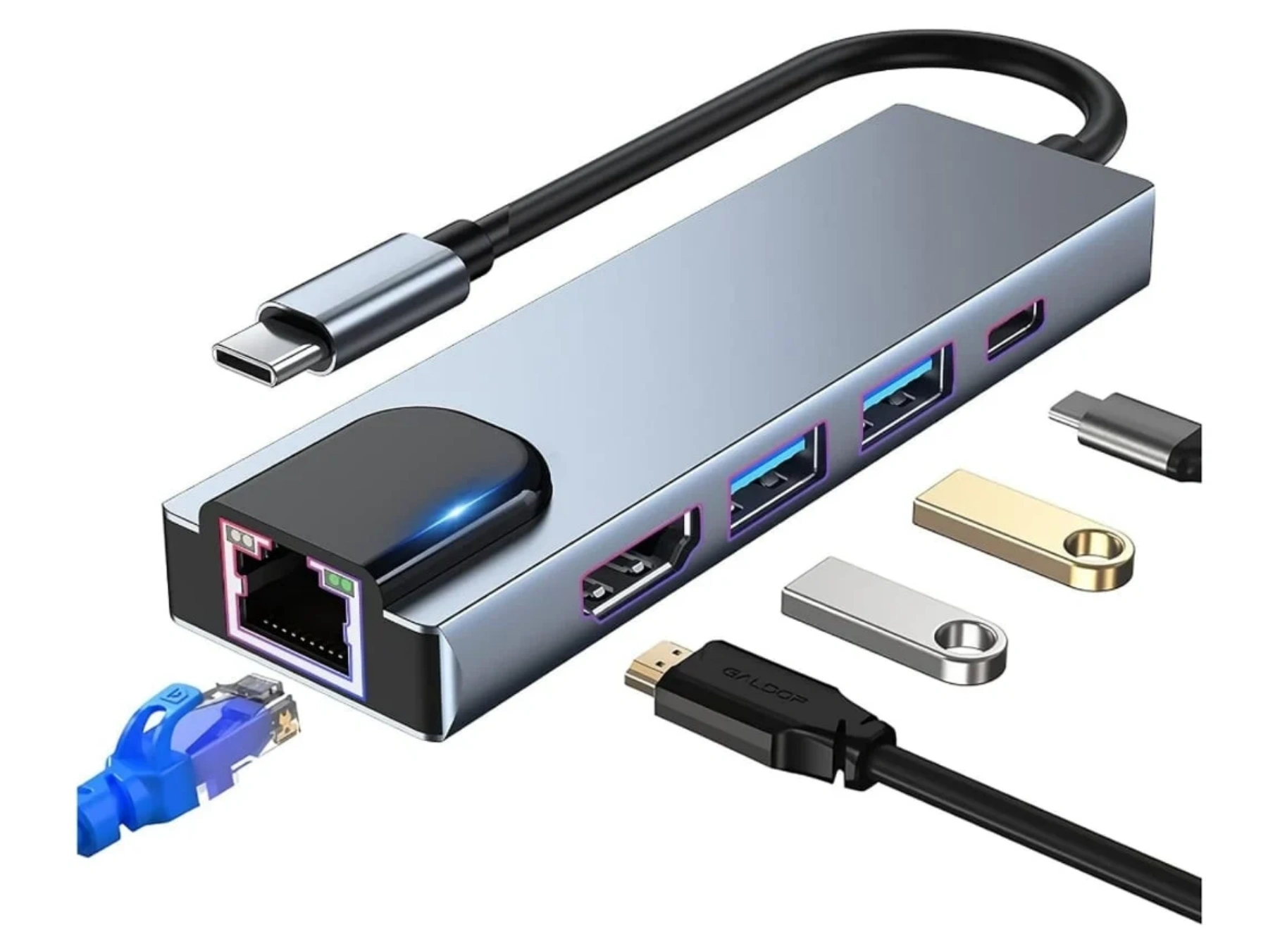 Silberne USB-C-Dockingstation mit Anschlüssen: Ethernet, USB-A, HDMI. Inkl. USB-Sticks.
