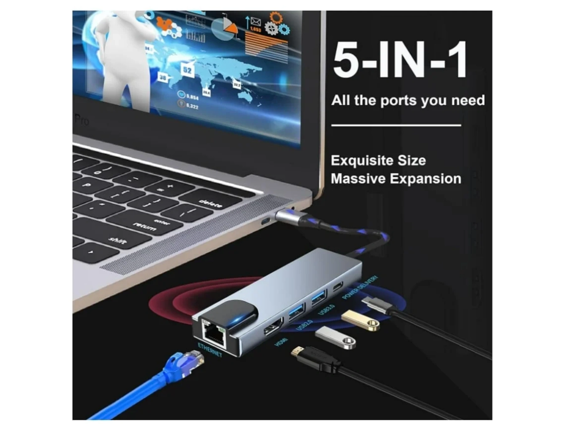 Ein silberner 5-in-1-USB-Hub wird an einen Laptop angeschlossen, mit Kabeln für Ethernet, HDMI und USB.