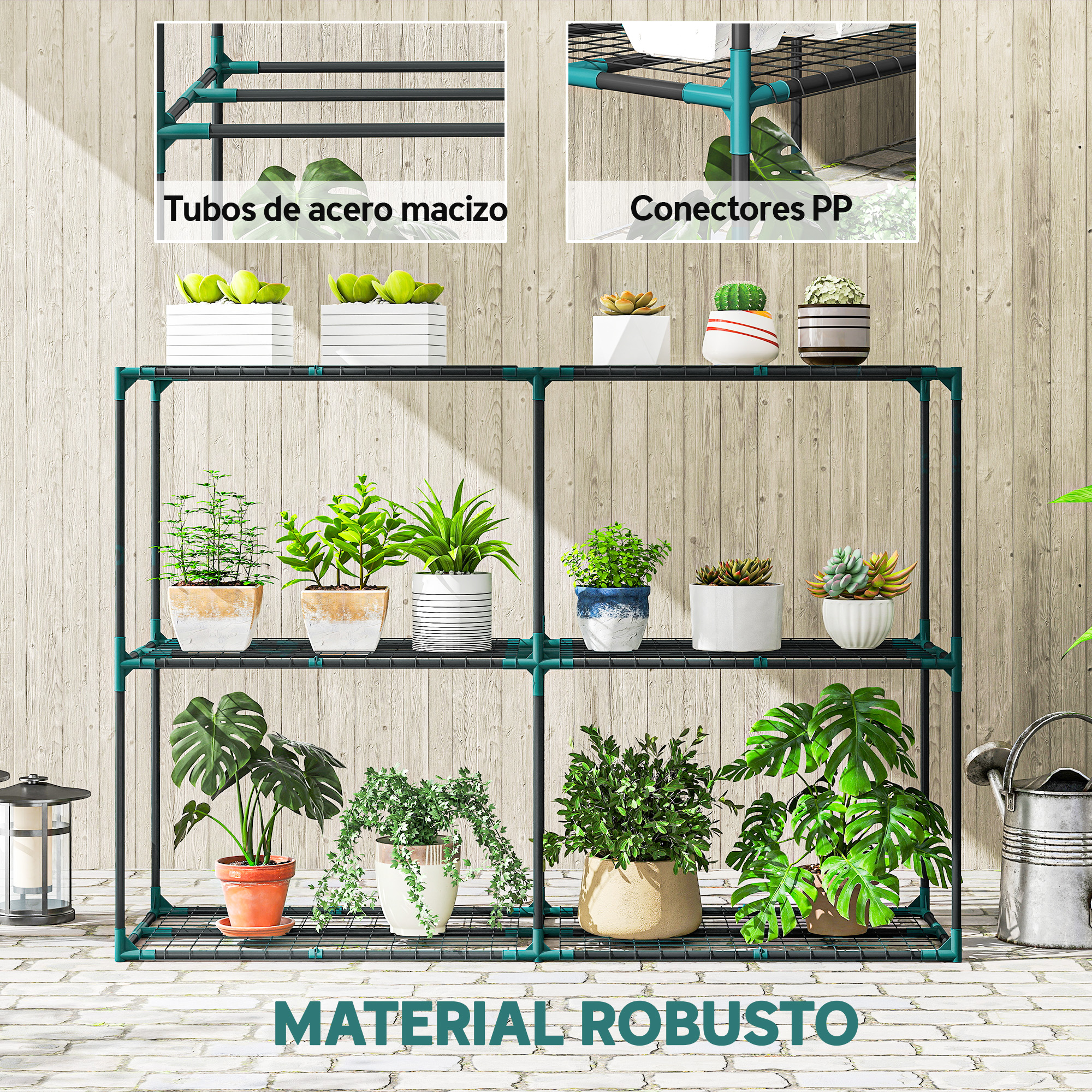 Un estante verde con varias plantas sobre ladrillos blancos.