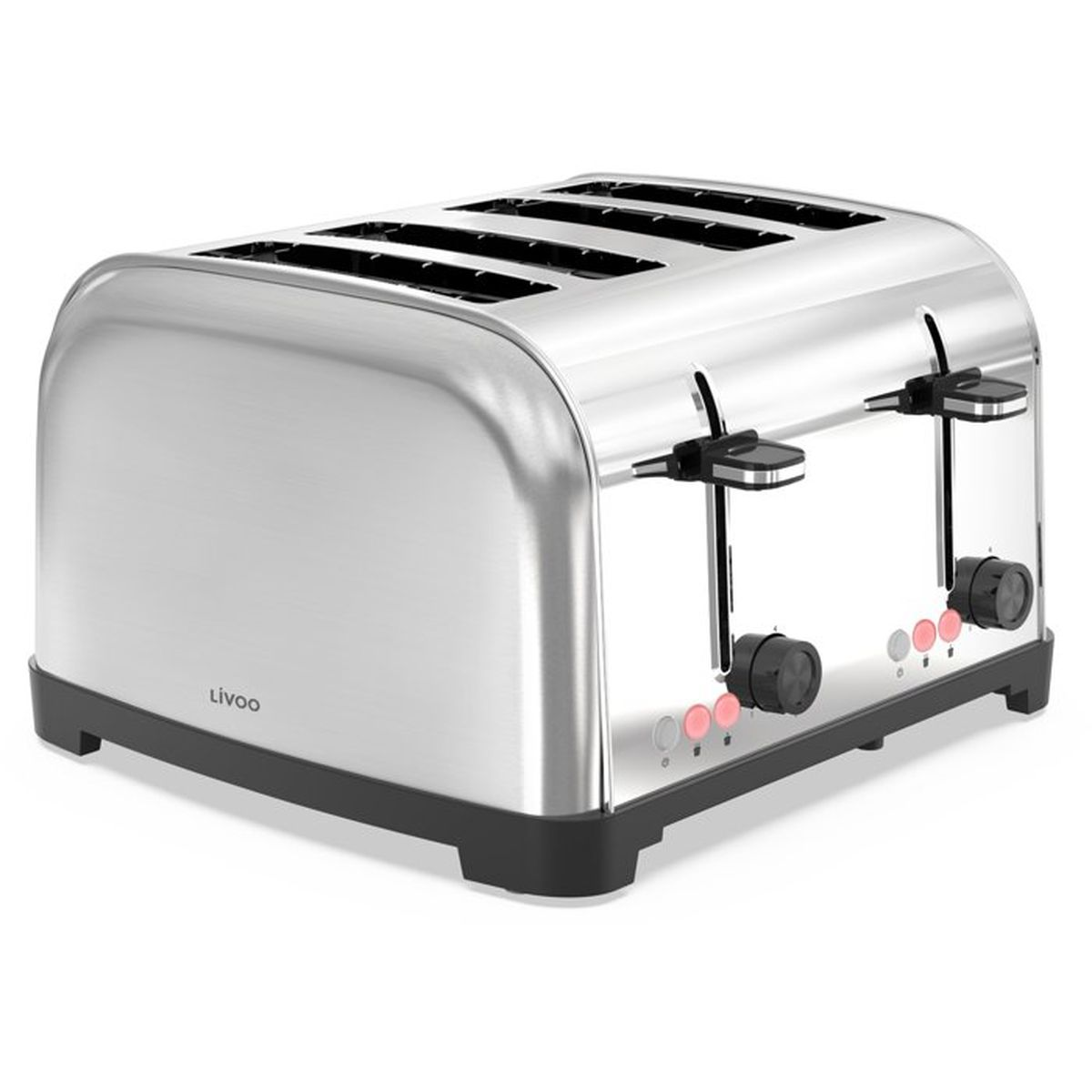 Ein silberner Toaster mit vier Schlitzen und schwarzen Bedienelementen steht.