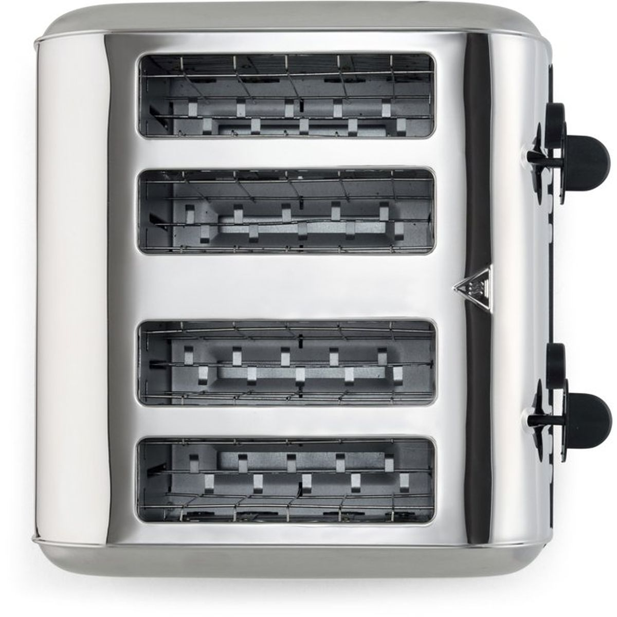 Ein glänzender, silberner Toaster mit vier Schlitzen und schwarzen Bedienelementen.