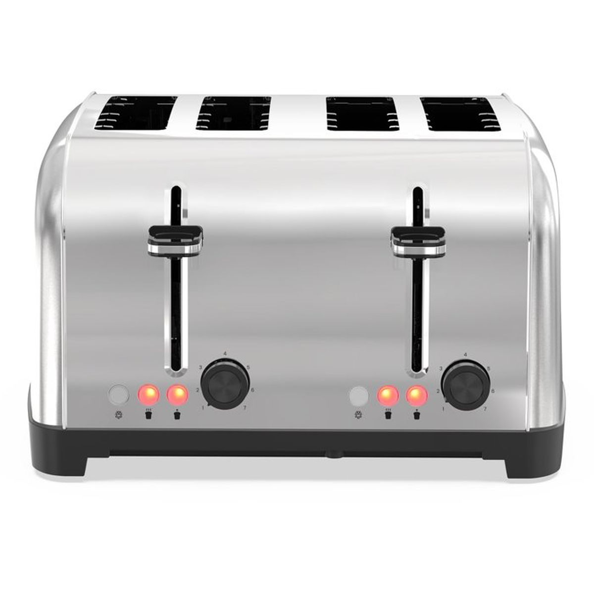 Ein glänzender silberner Toaster mit vier Schlitzen und schwarzen Bedienelementen.