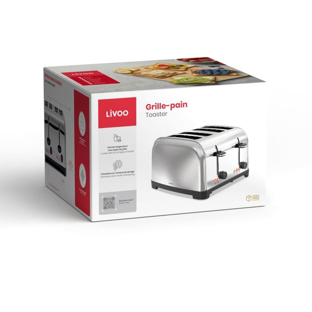 Ein silberner 4-Schlitz-Toaster mit schwarzen Akzenten auf weißem Hintergrund.