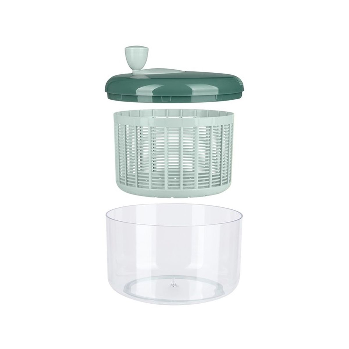 Ein grüner Salatspinner mit transparentem Behälter, Sieb und Deckel.