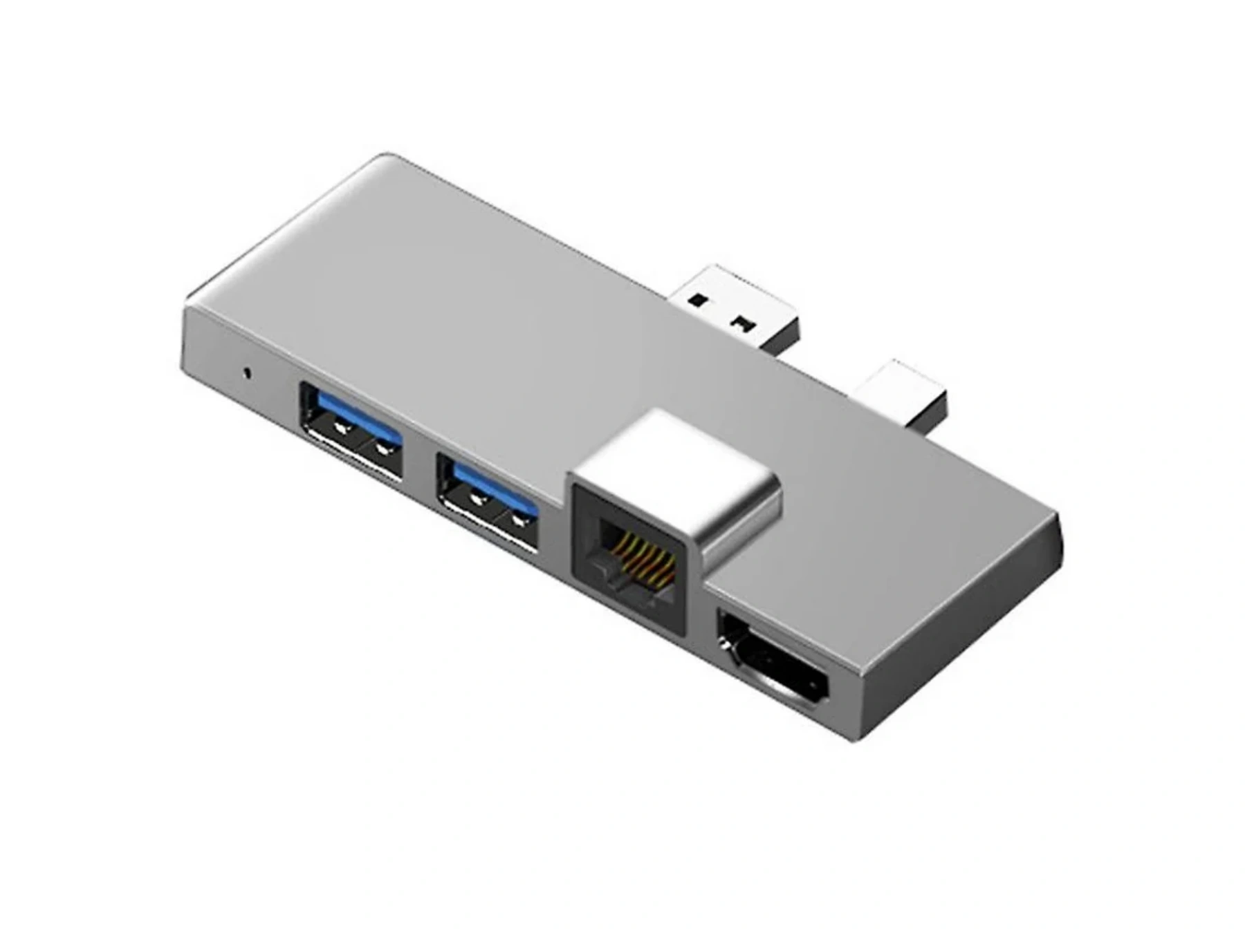 Ein silberner USB-C-Hub mit mehreren Anschlüssen wie USB-A, Ethernet und HDMI.