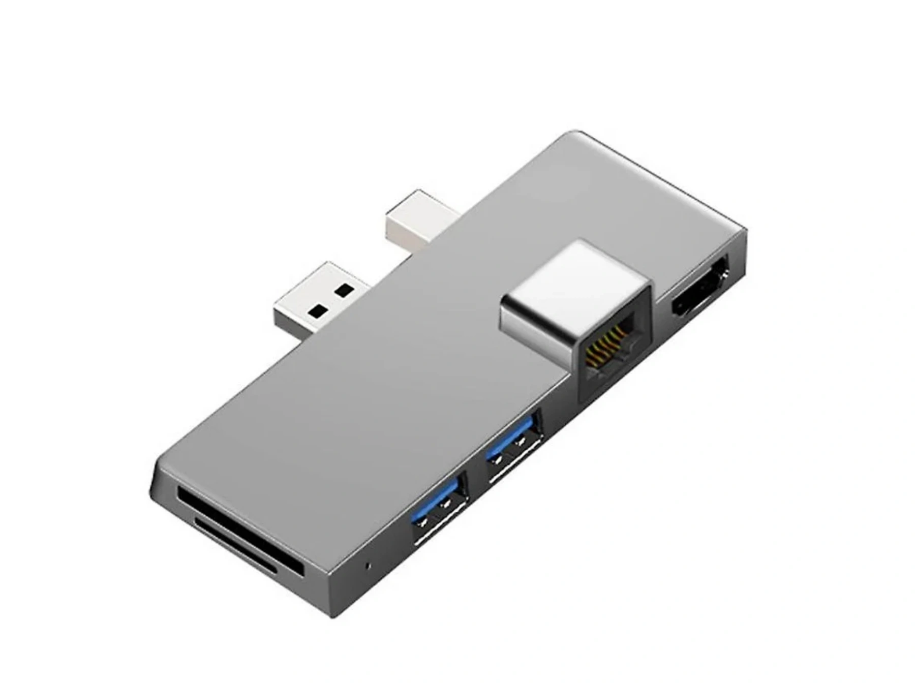 Ein silberner USB-C-Hub mit USB-, Ethernet- und SD-Kartenanschlüssen.