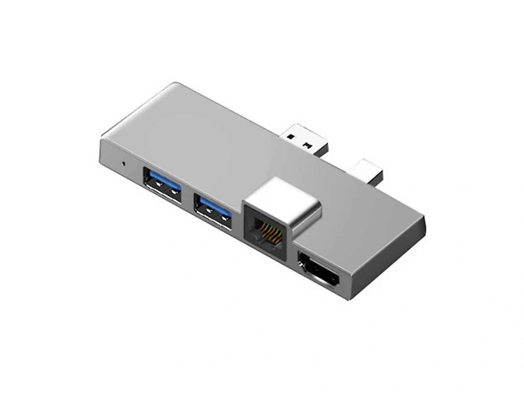 Silberner USB-C-Hub mit zwei USB-A-, einem Ethernet- und einem HDMI-Anschluss.