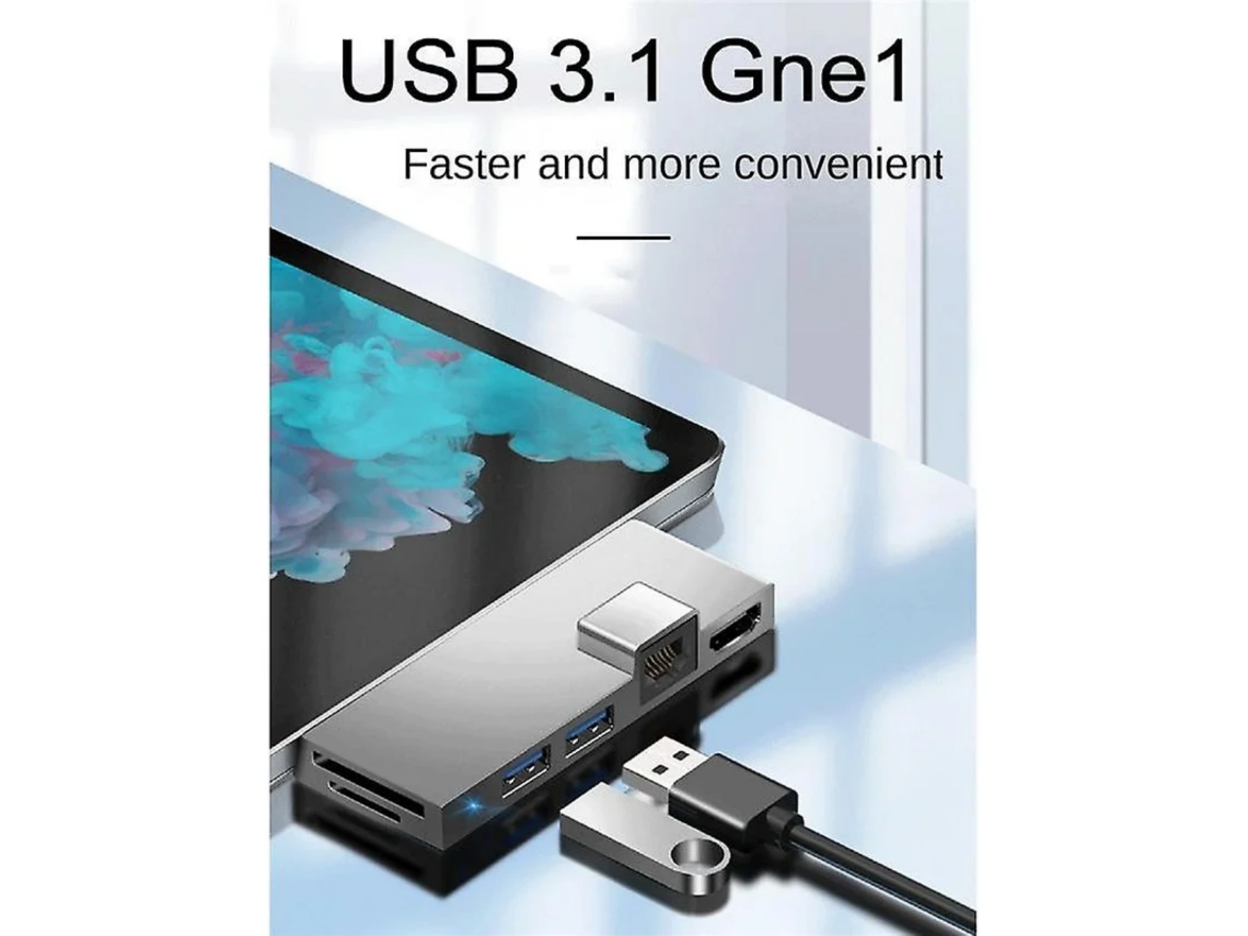 Ein USB-C-Hub mit Anschlüssen wie HDMI, USB und SD-Kartenleser ist angeschlossen.