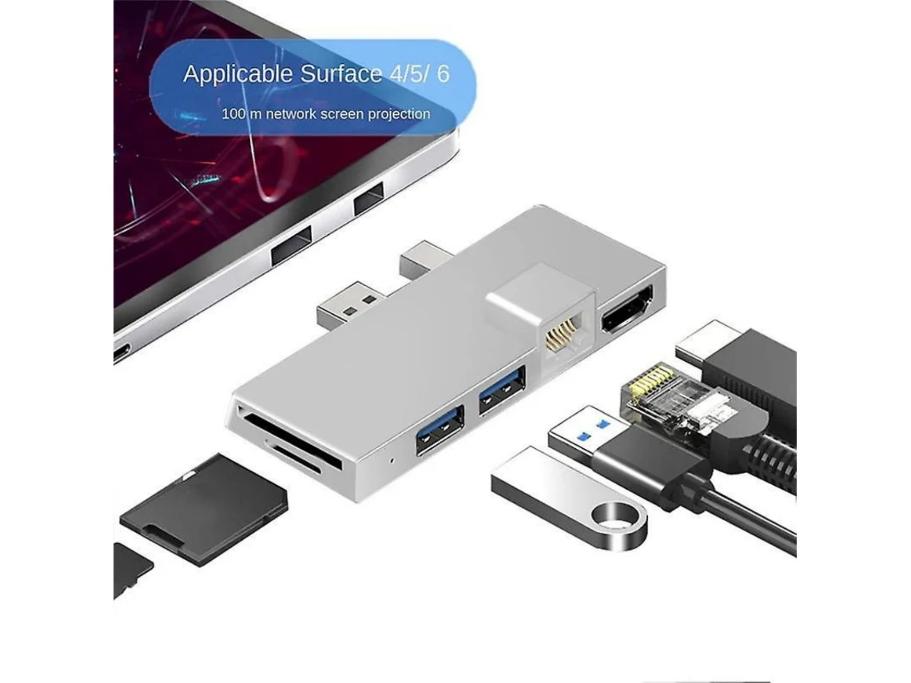 Ein silberner USB-C-Hub mit SD-Kartenleser, HDMI, USB-A-Anschlüssen und Ethernet.