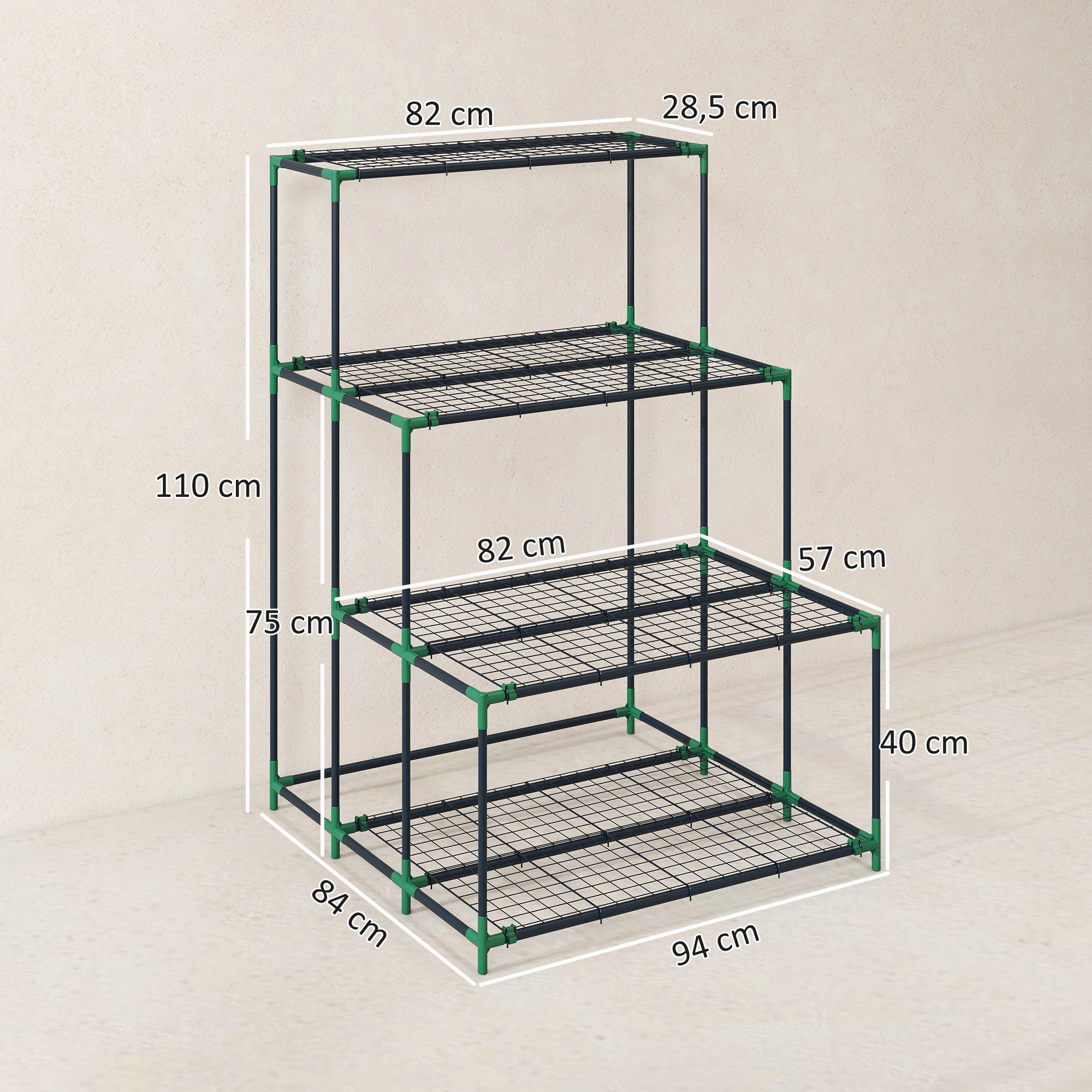 Un estante de metal de tres niveles con conectores verdes y estantes de alambre negro.