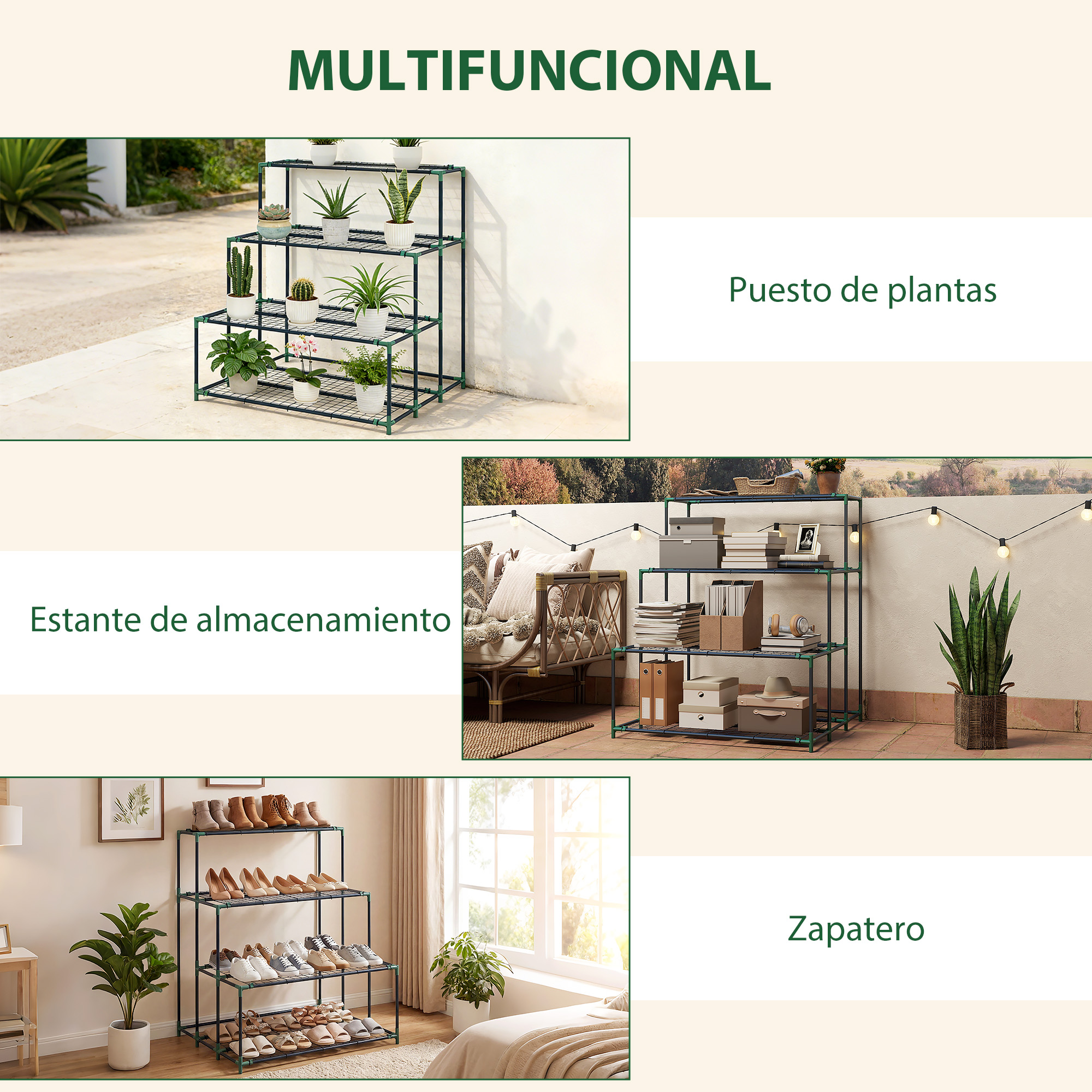 Estanterías multiusos con plantas, zapatos y libros, al aire libre y en interiores.