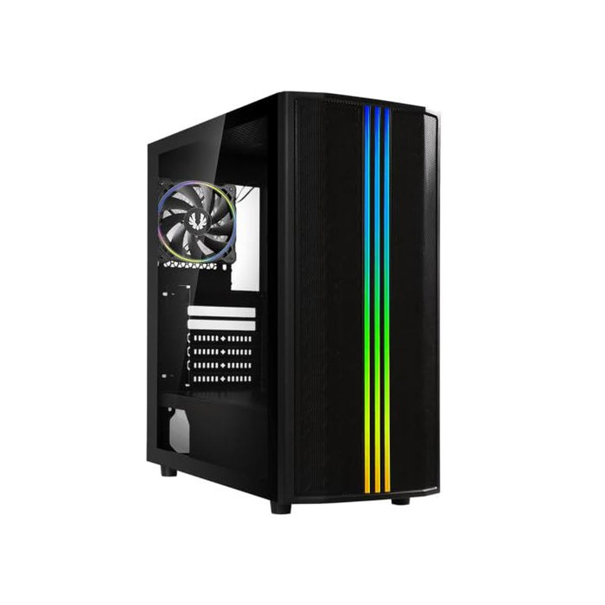 Case PC nero con illuminazione RGB e ventola.