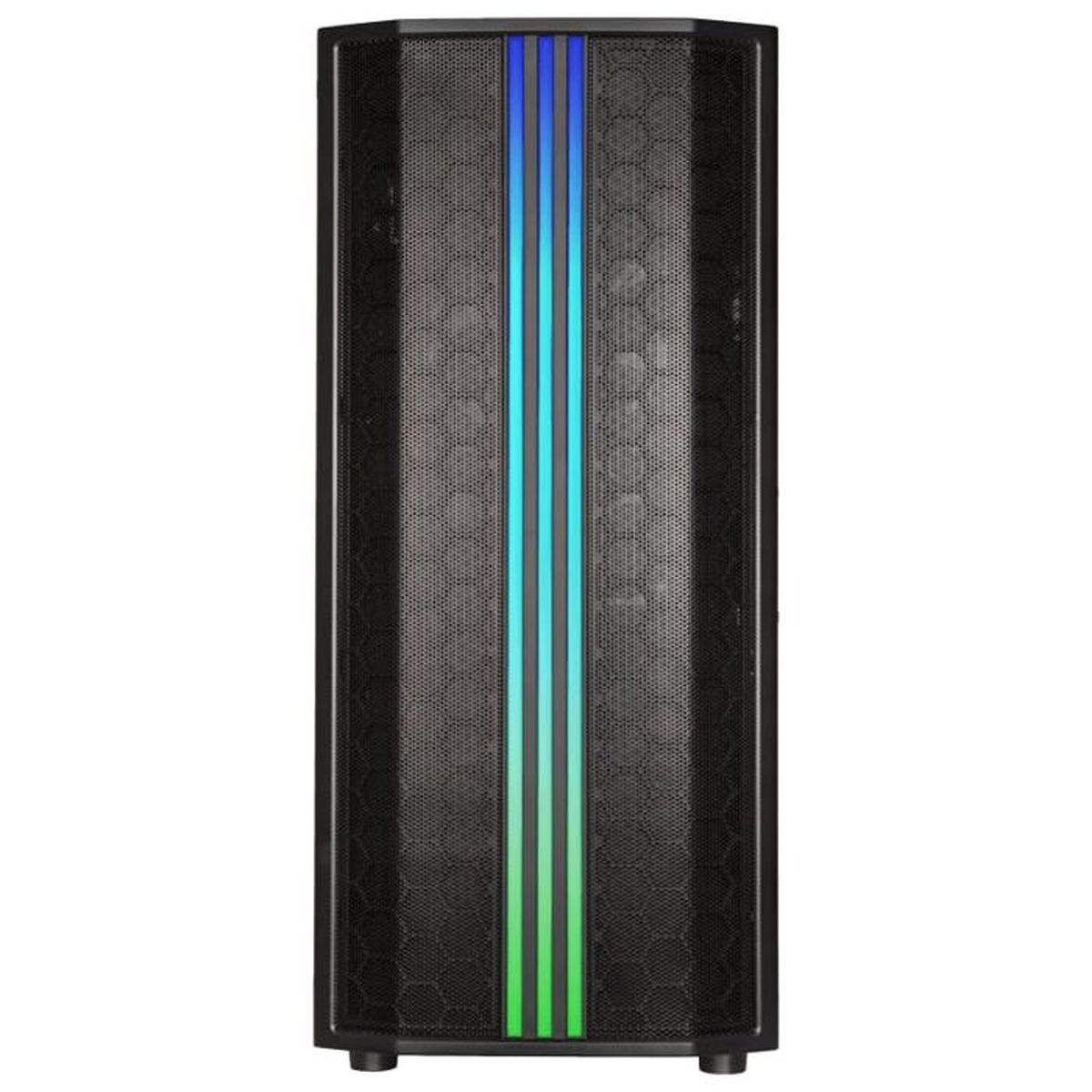 Case PC nero con strisce LED verticali blu e verdi.