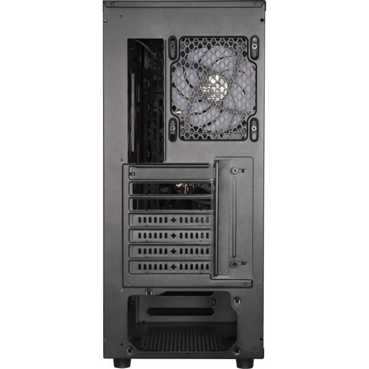 Vista posteriore di un case per computer nero con ventola e slot di espansione.