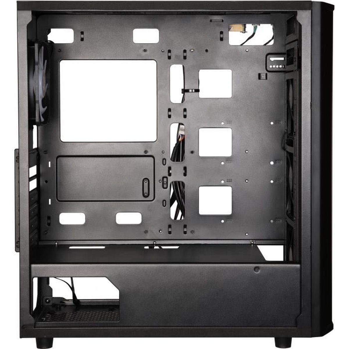 L'interno di un case per computer nero vuoto con ventole e cavi.
