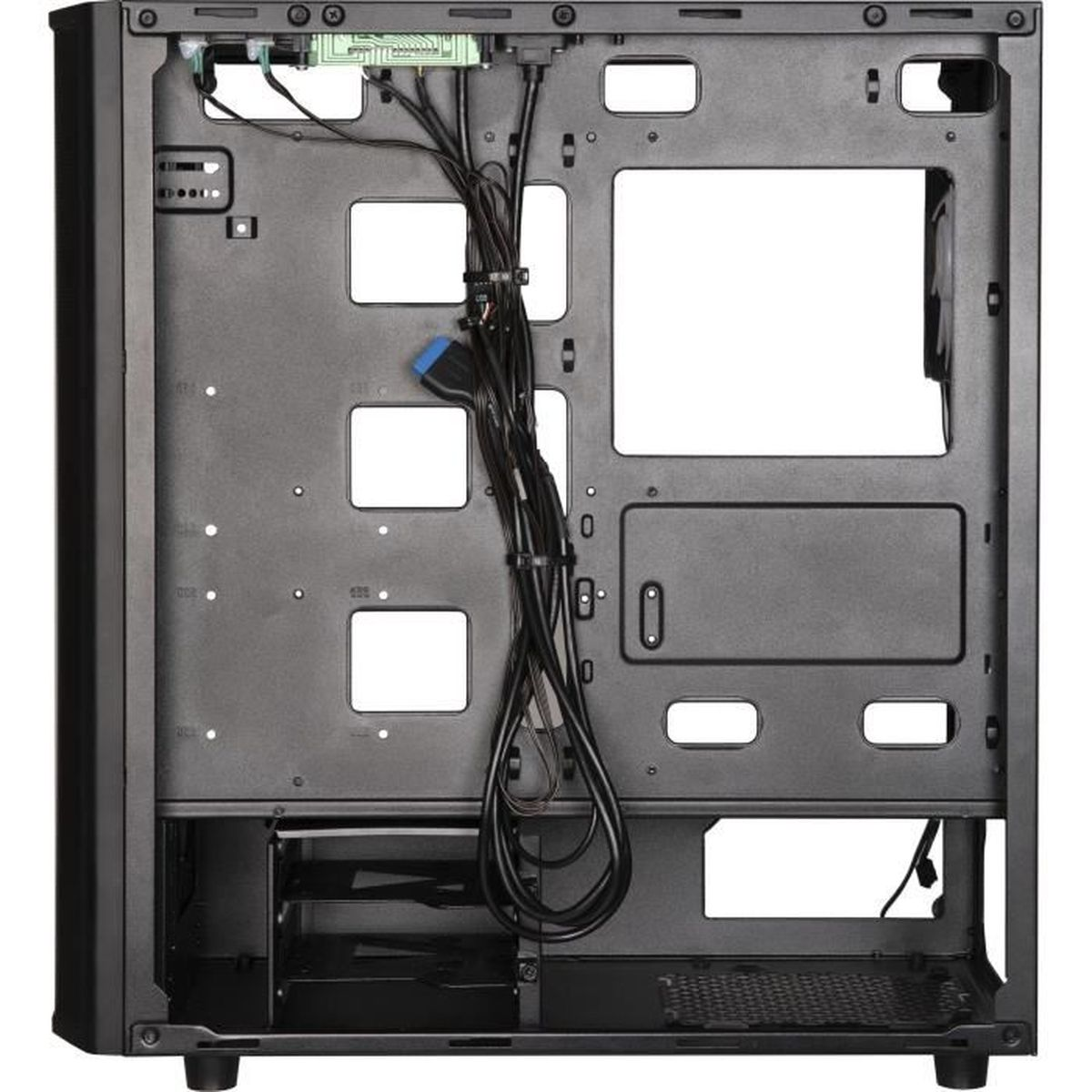 Interno di un case per computer nero vuoto che mostra cablaggi e punti di montaggio.