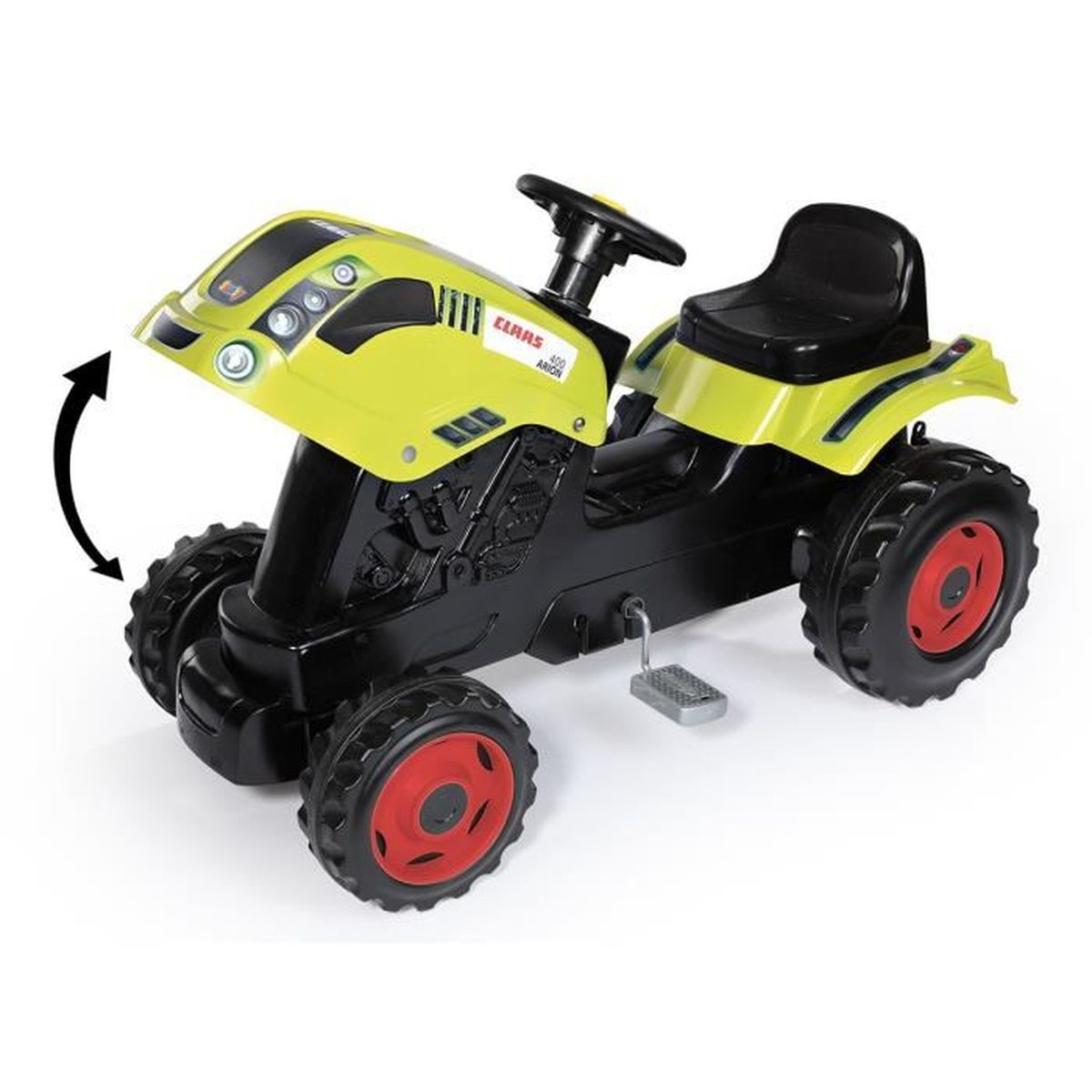 Ein gelber und schwarzer Spielzeugtraktor mit Lenkrad, Sitz und Pedalen.