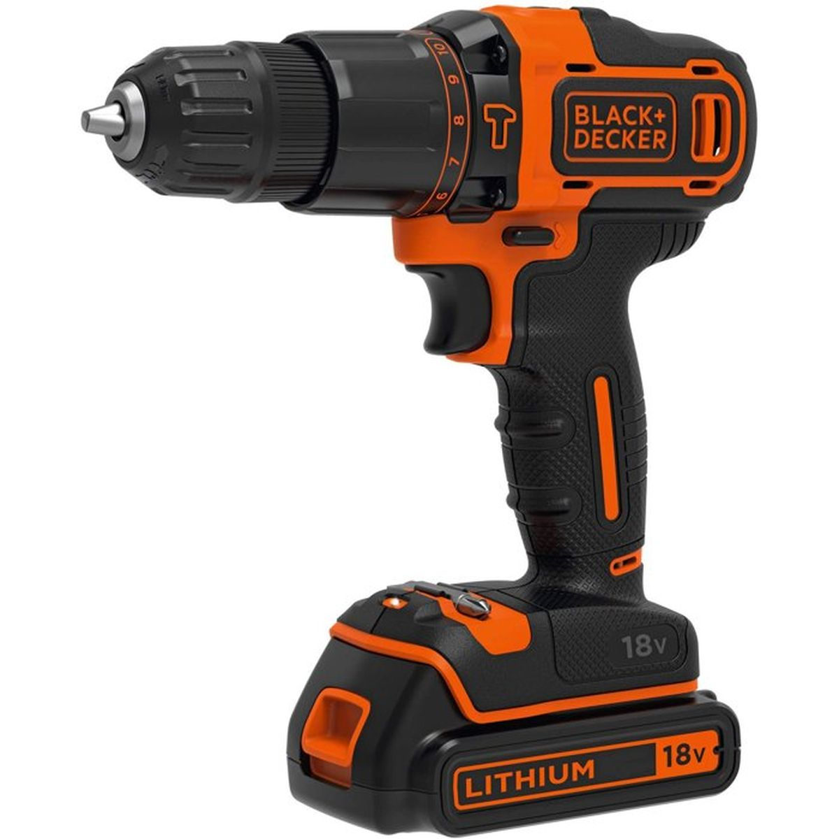 Czarno-pomarańczowy akumulatorowy wkrętak Black+Decker z baterią litowo-jonową.