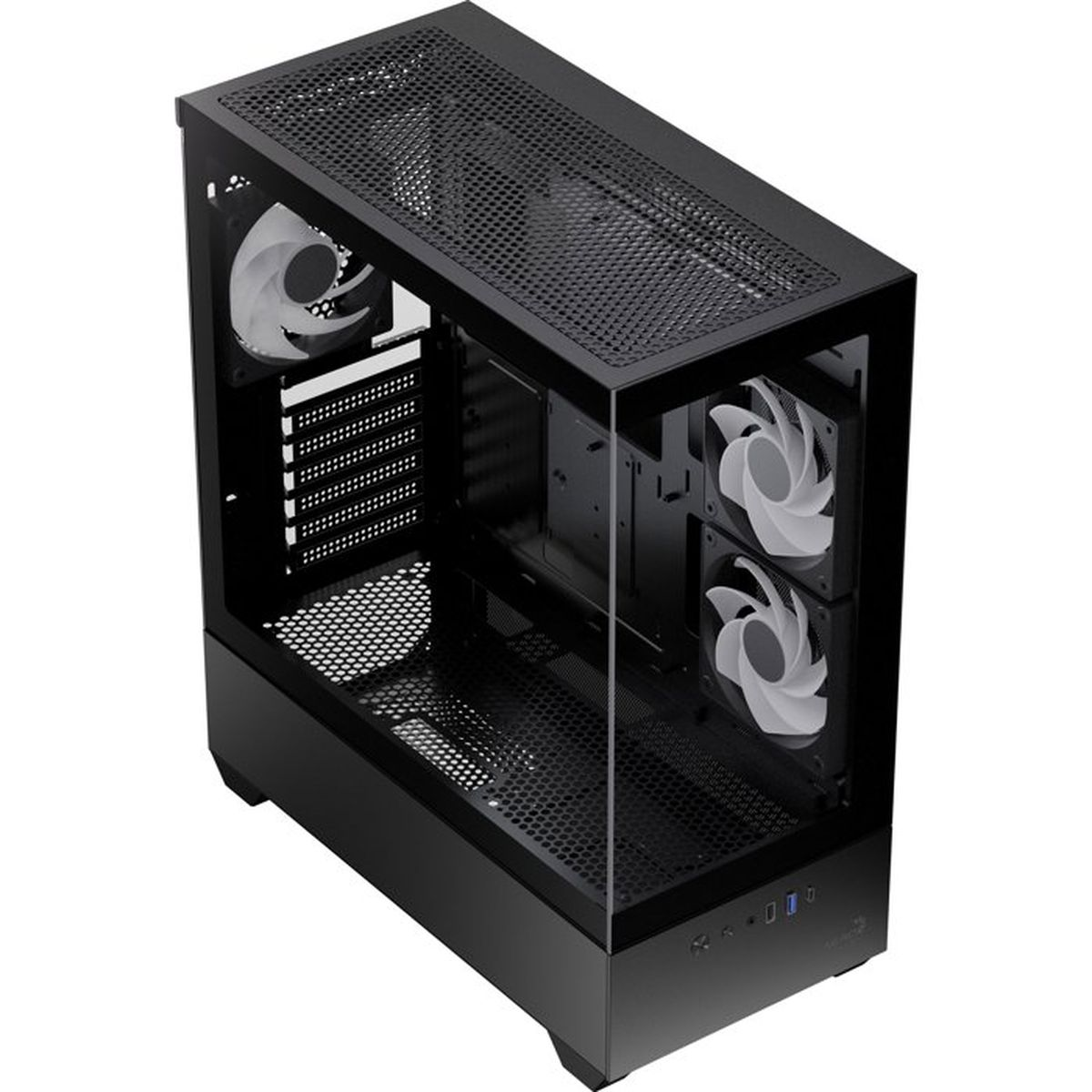 Un case per computer nero con pannello frontale in vetro e ventole.