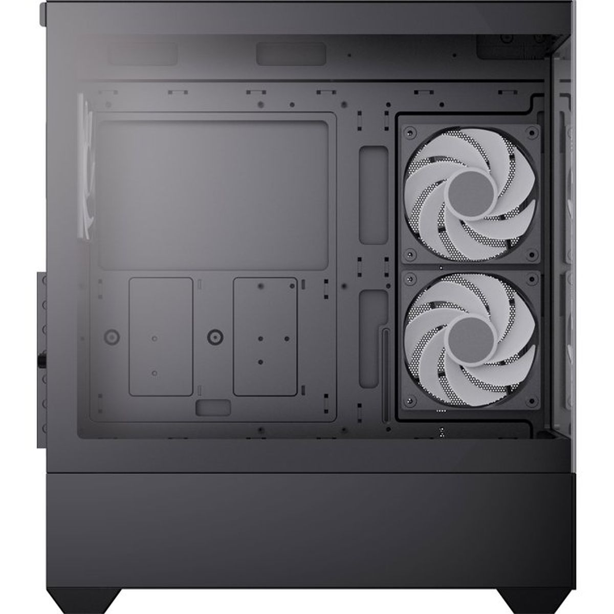 Case PC nero con due ventole bianche e frontale in vetro.