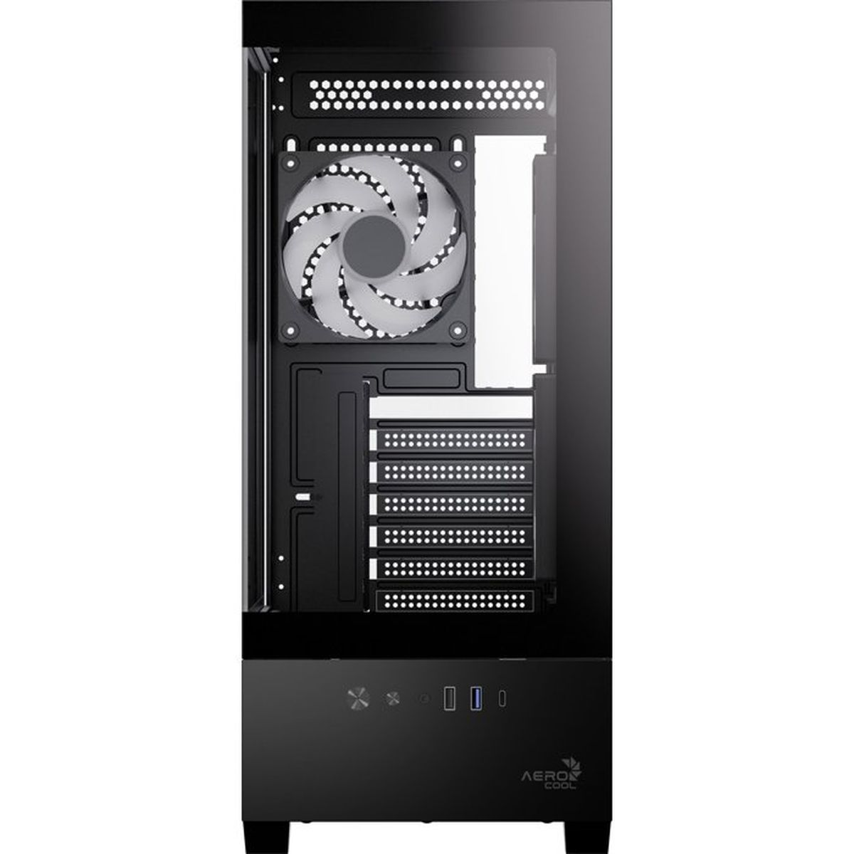 Un case per computer nero con una ventola visibile e alloggiamenti perforati.