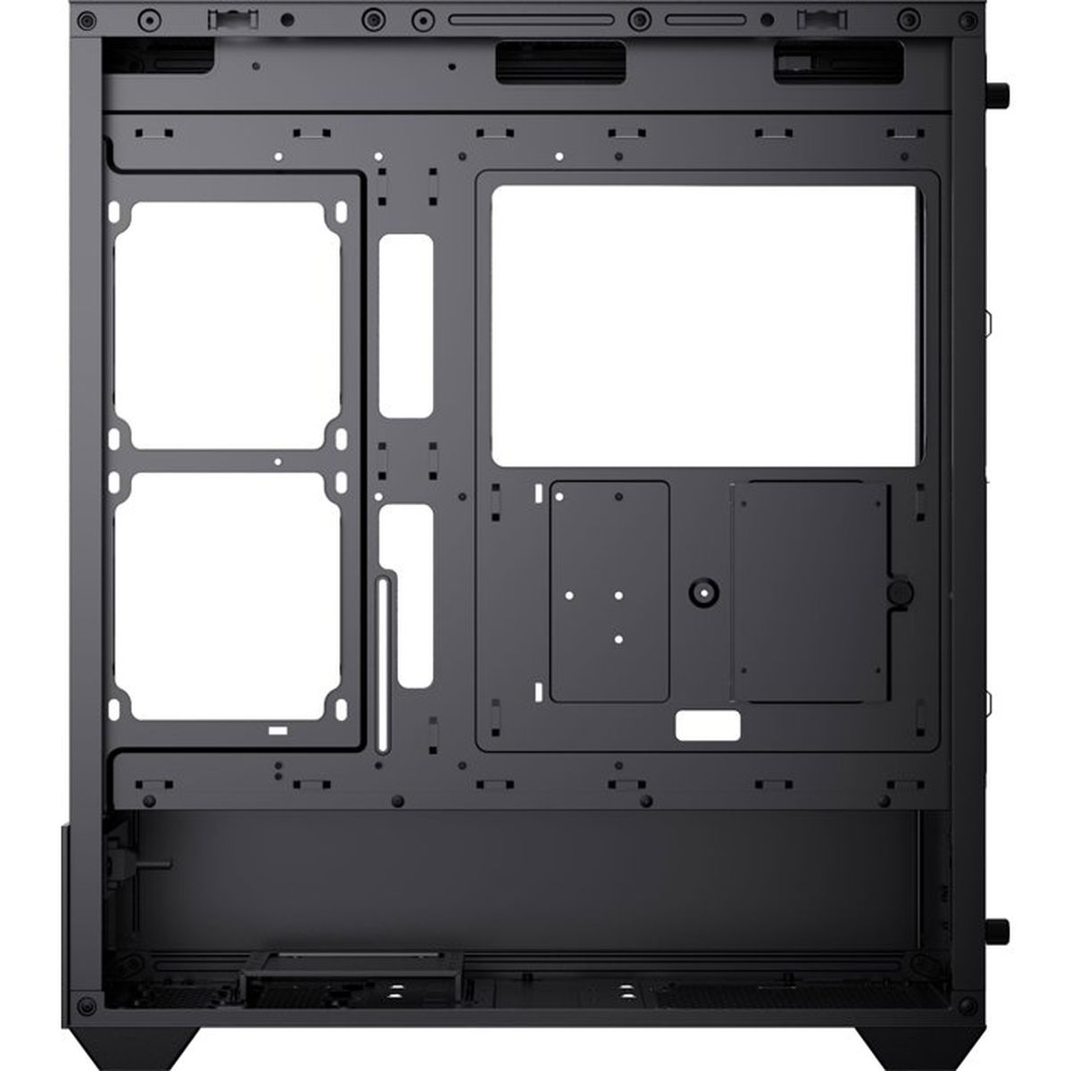 Vista posteriore di un case per computer nero con punti di montaggio.