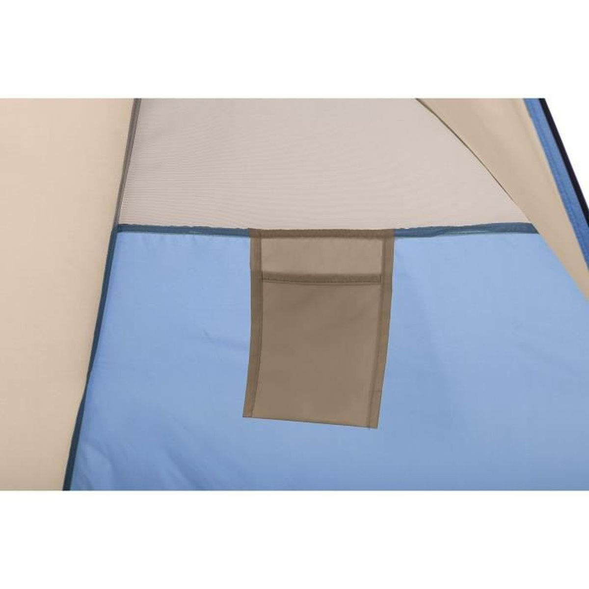 Ein beige und blau Zelt mit einem beigefarbenen Fach.