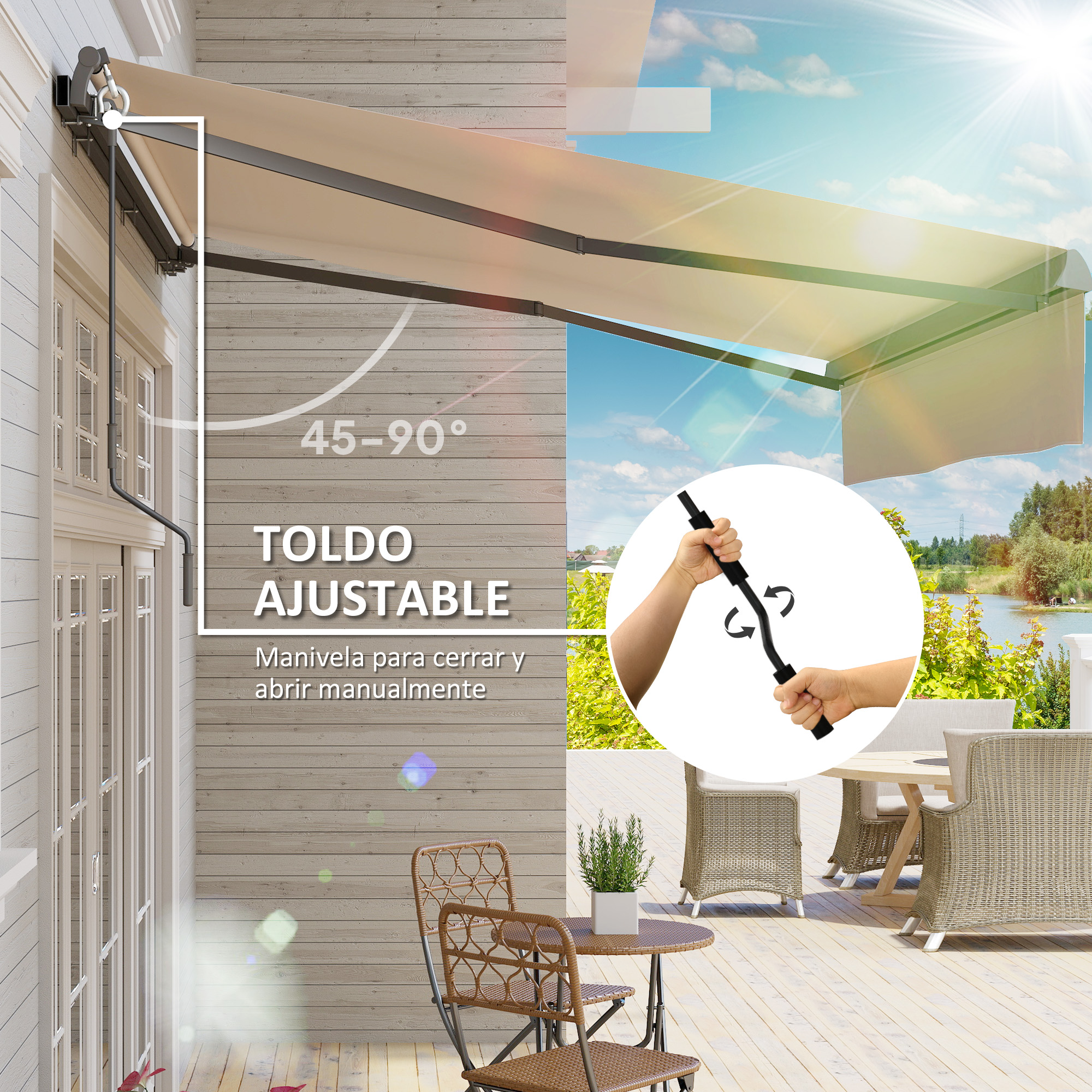 Un toldo ajustable con manivela se monta en una casa.
