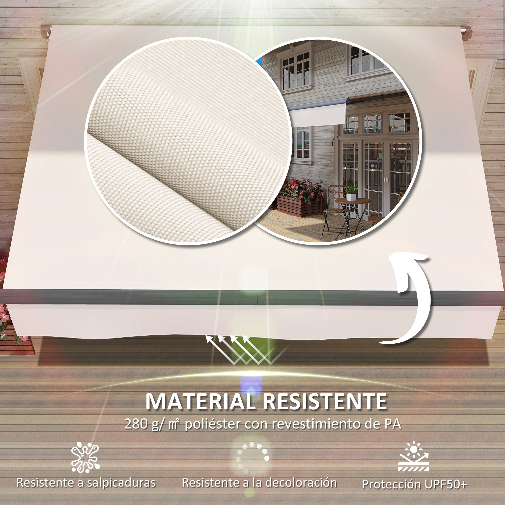 Toldo beige con detalle de tela y una casa al fondo.
