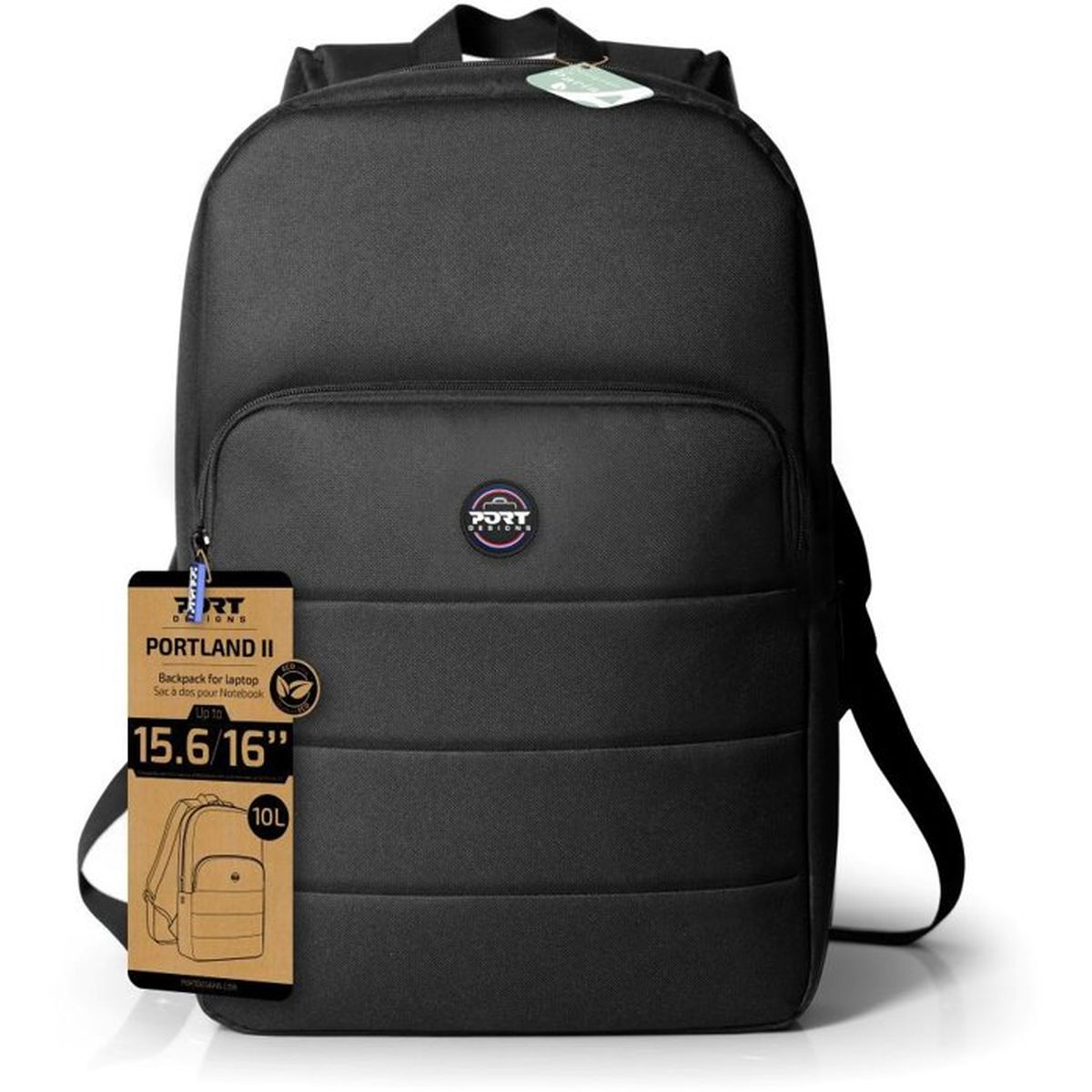 Schwarzer Rucksack mit Port Designs Portland II Etikett. Passt für Laptops bis 15,6/16 Zoll, 10L Kapazität.