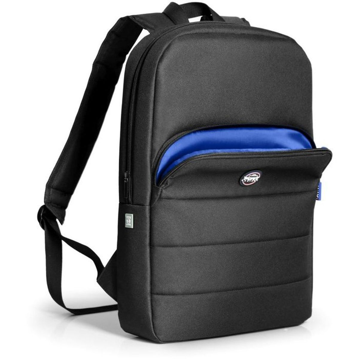 Schwarzer Rucksack mit offenem Fach und blauem Innenfutter.