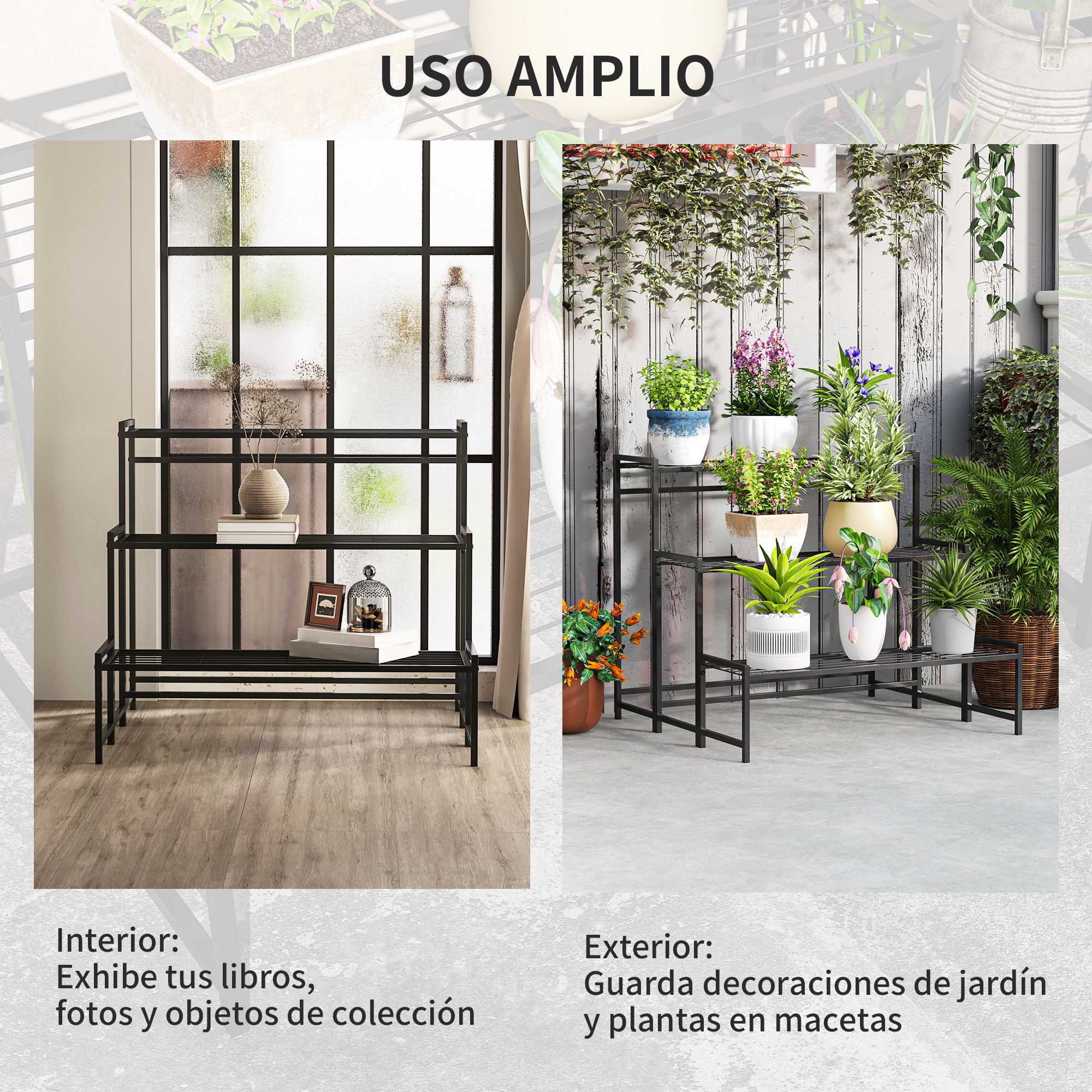 Dos estanterías negras: una interior con libros, otra exterior con plantas.
