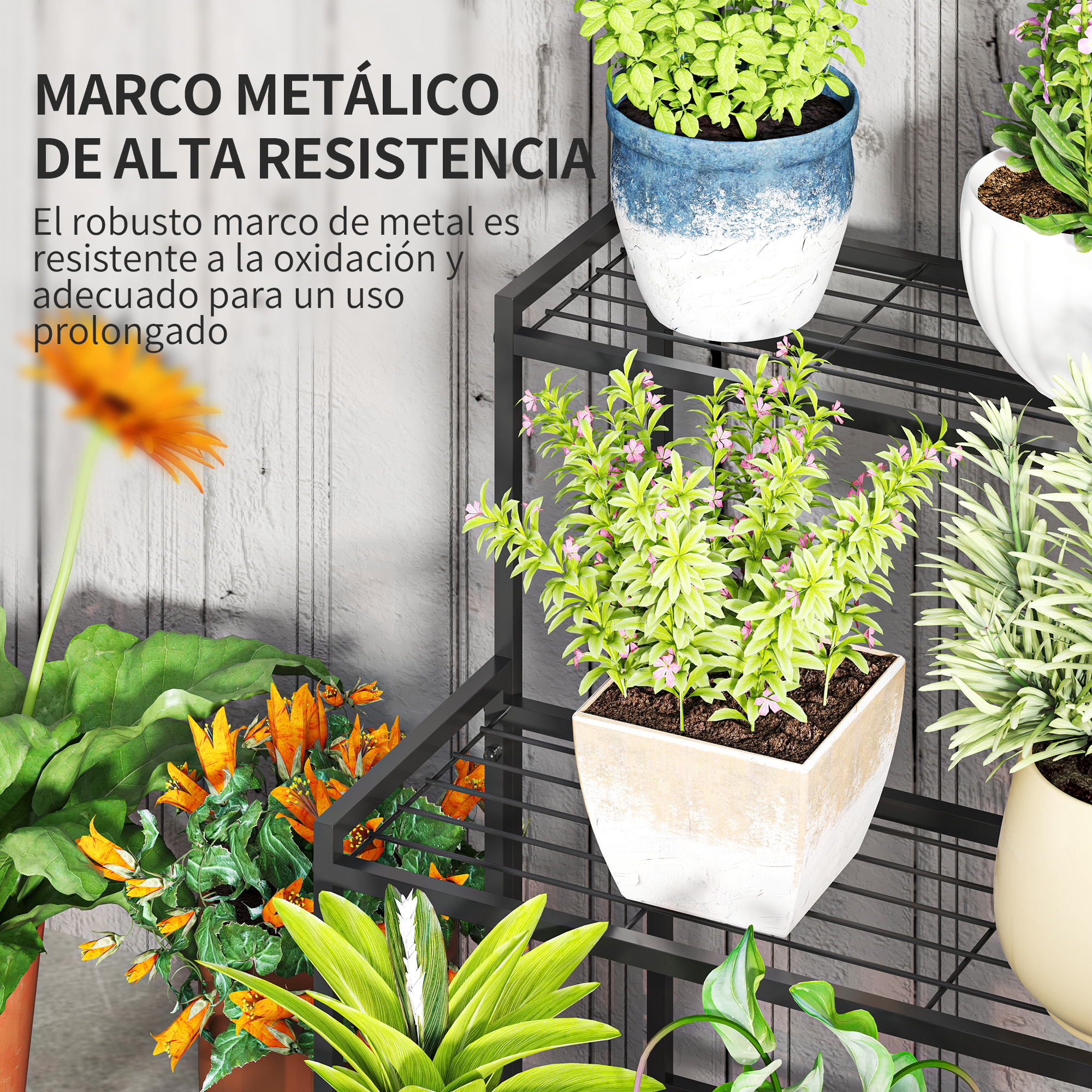 Un estante negro con varias plantas en macetas, incluida una gerbera naranja.
