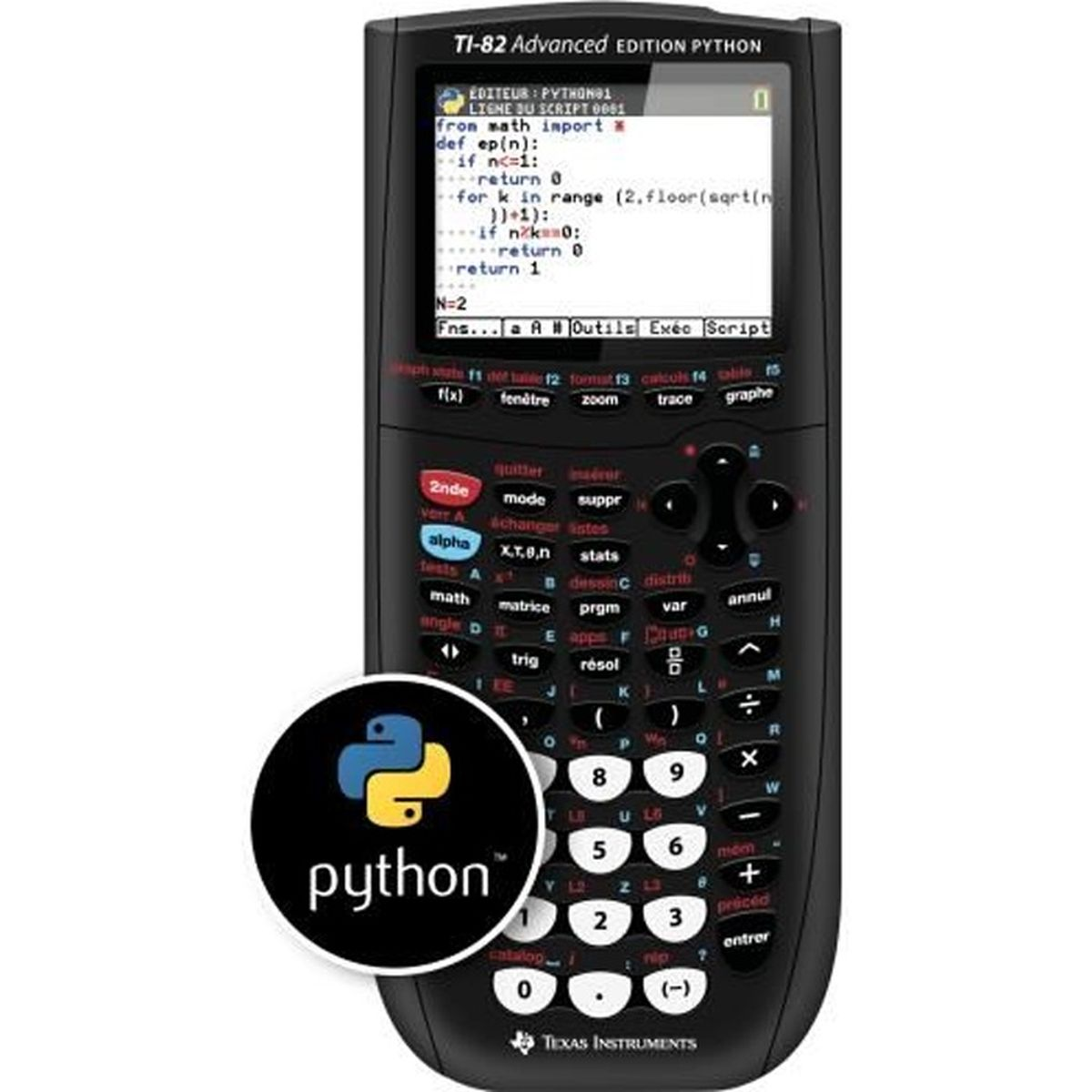 Ein TI-82 Advanced Python Taschenrechner mit Python-Logo.